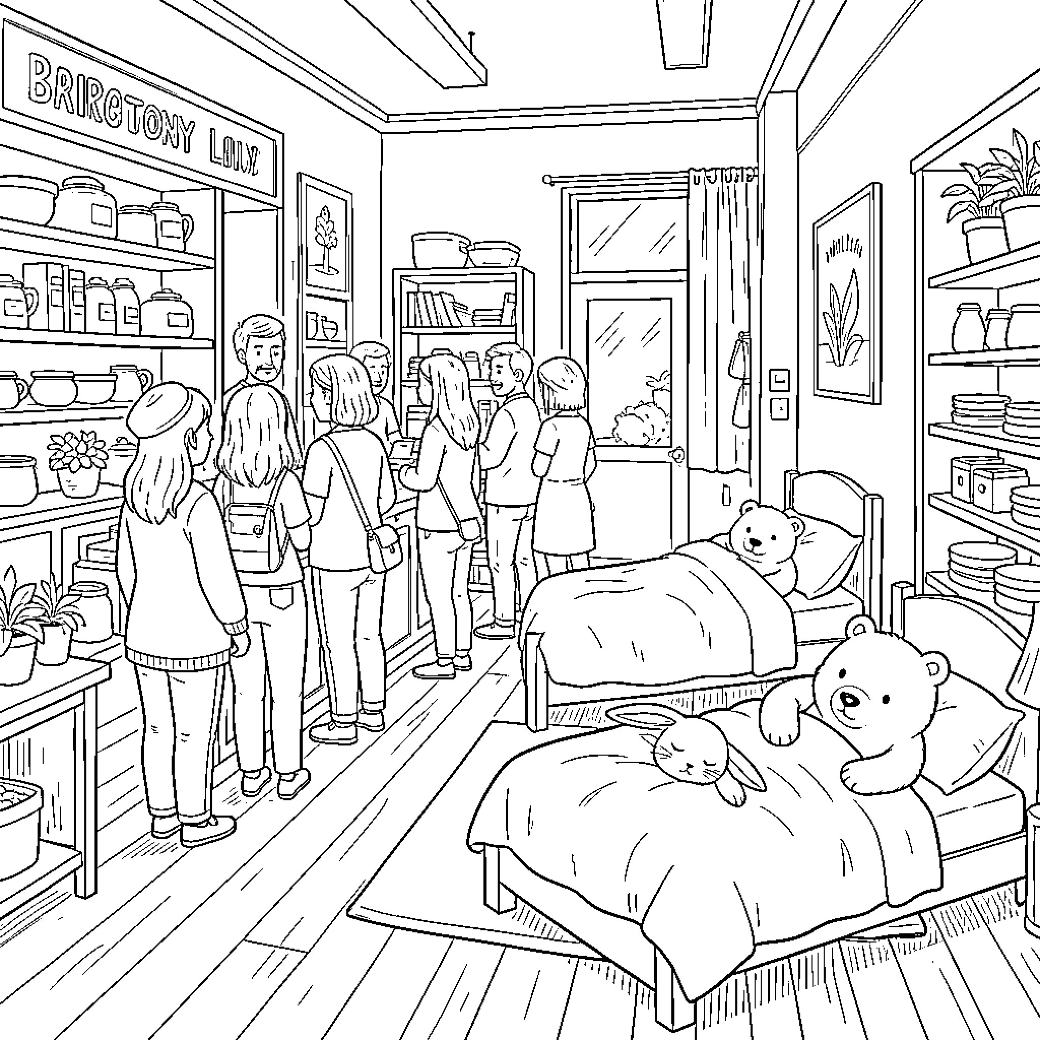 Shop customers exploring a cozy boutique nursery Coloring Page (free black-and-white line drawing printable PDF for all, from beginners to advanced learners, including children, teens, adults, and seniors)