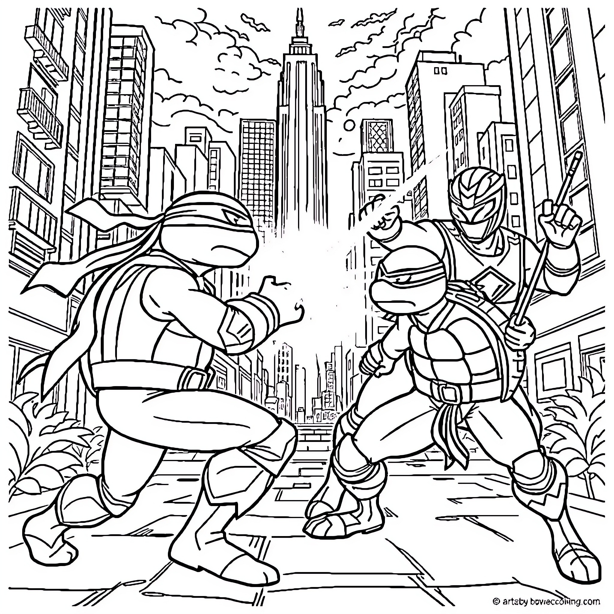 Ninja Turtles battling in the city streets Coloring Page (free black-and-white line drawing printable PDF for all, from beginners to advanced learners, including children, teens, adults, and seniors)