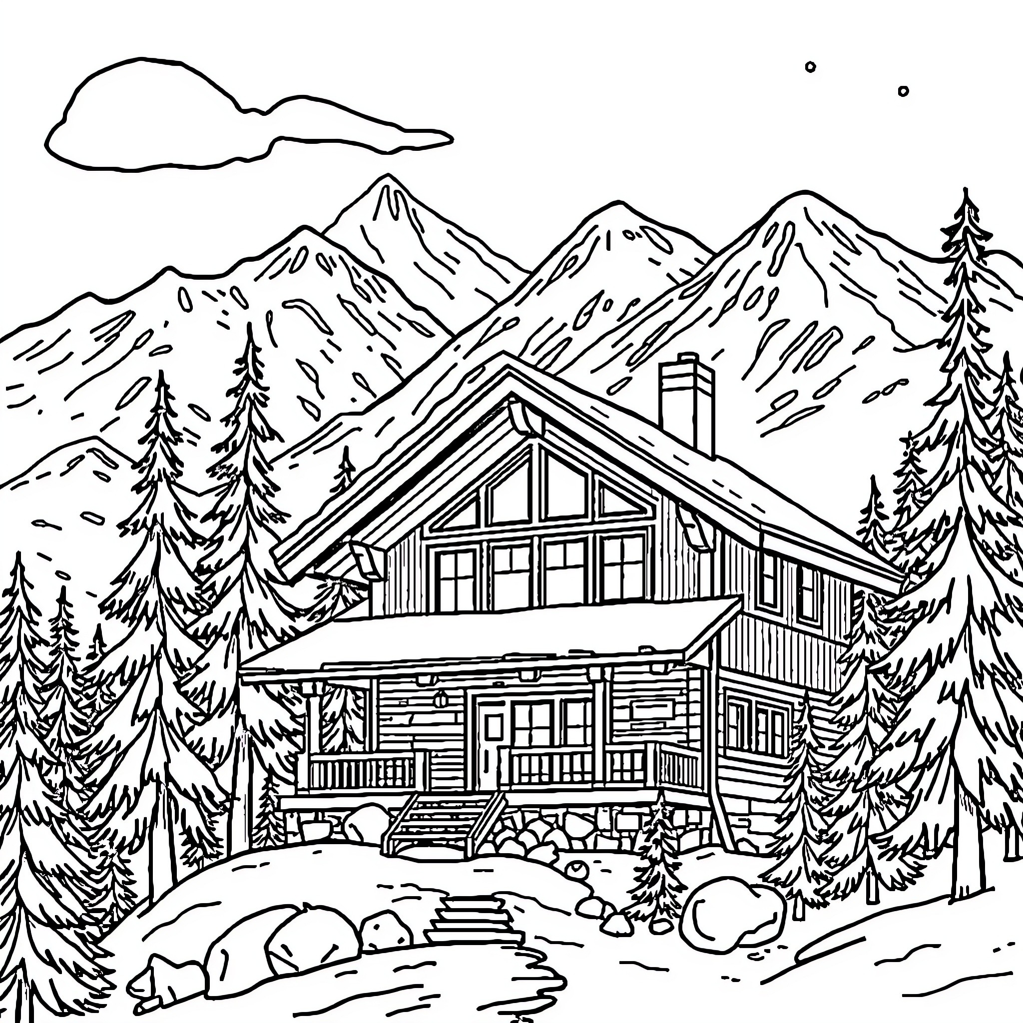 Mountain Chalet in Winter Landscape Coloring Page (free black-and-white line drawing printable PDF for all, from beginners to advanced learners, including children, teens, adults, and seniors)