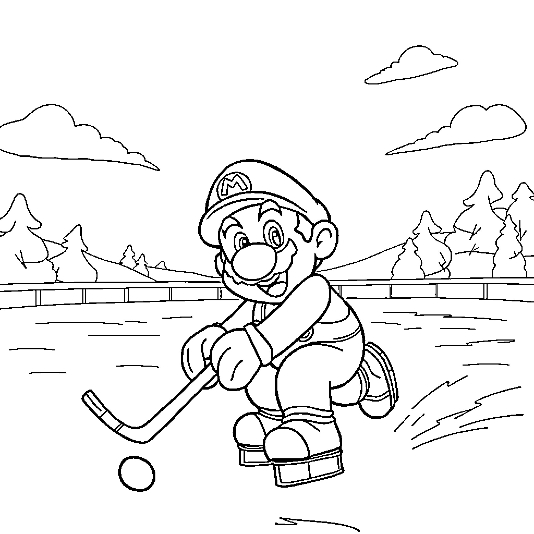 Super Mario Playing Hockey in a Winter Wonderland Coloring Page (free black-and-white line drawing printable PDF for all, from beginners to advanced learners, including children, teens, adults, and seniors)