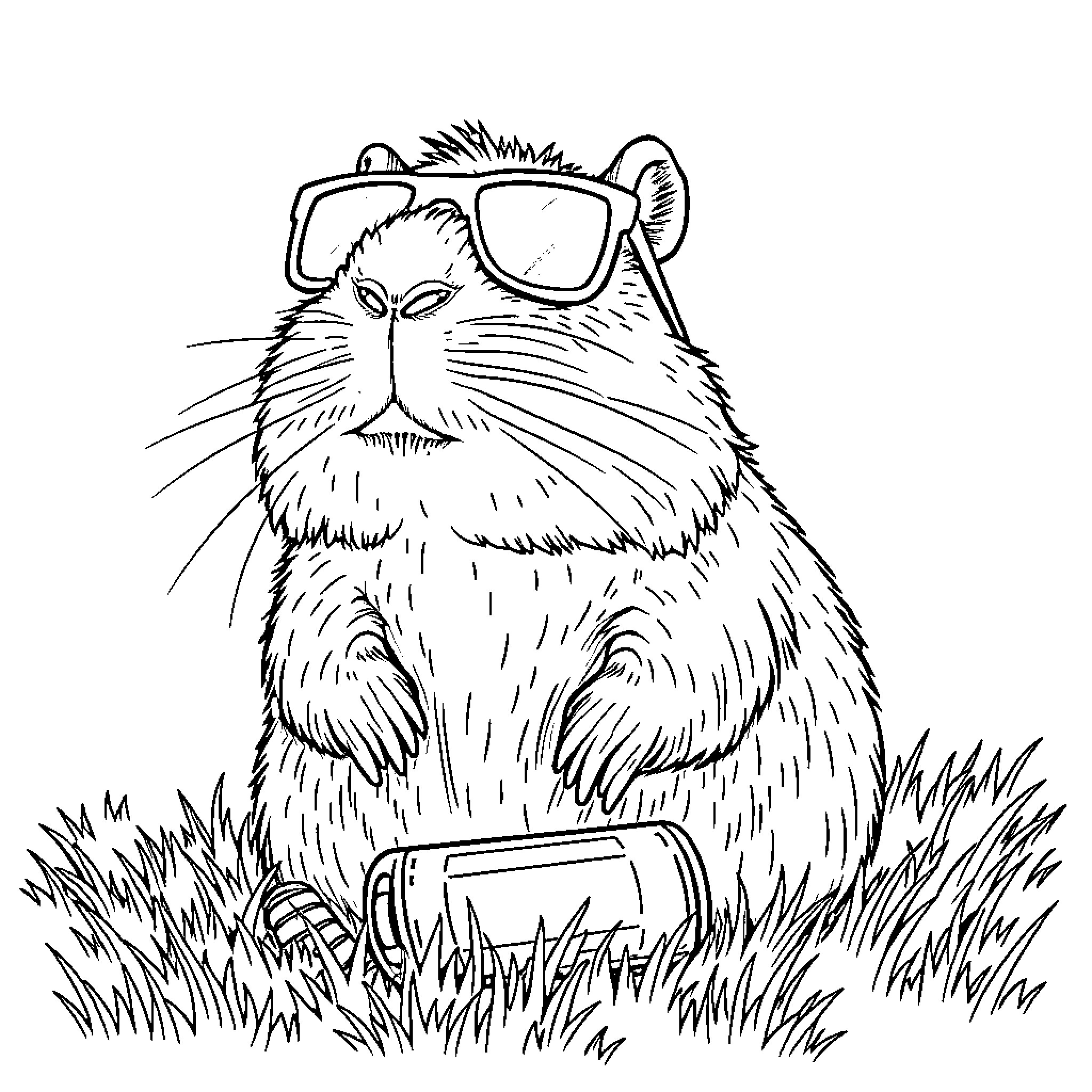 Capybara relaxing in the grass with sunglasses Coloring Page (free black-and-white line drawing printable PDF for all, from beginners to advanced learners, including children, teens, adults, and seniors)