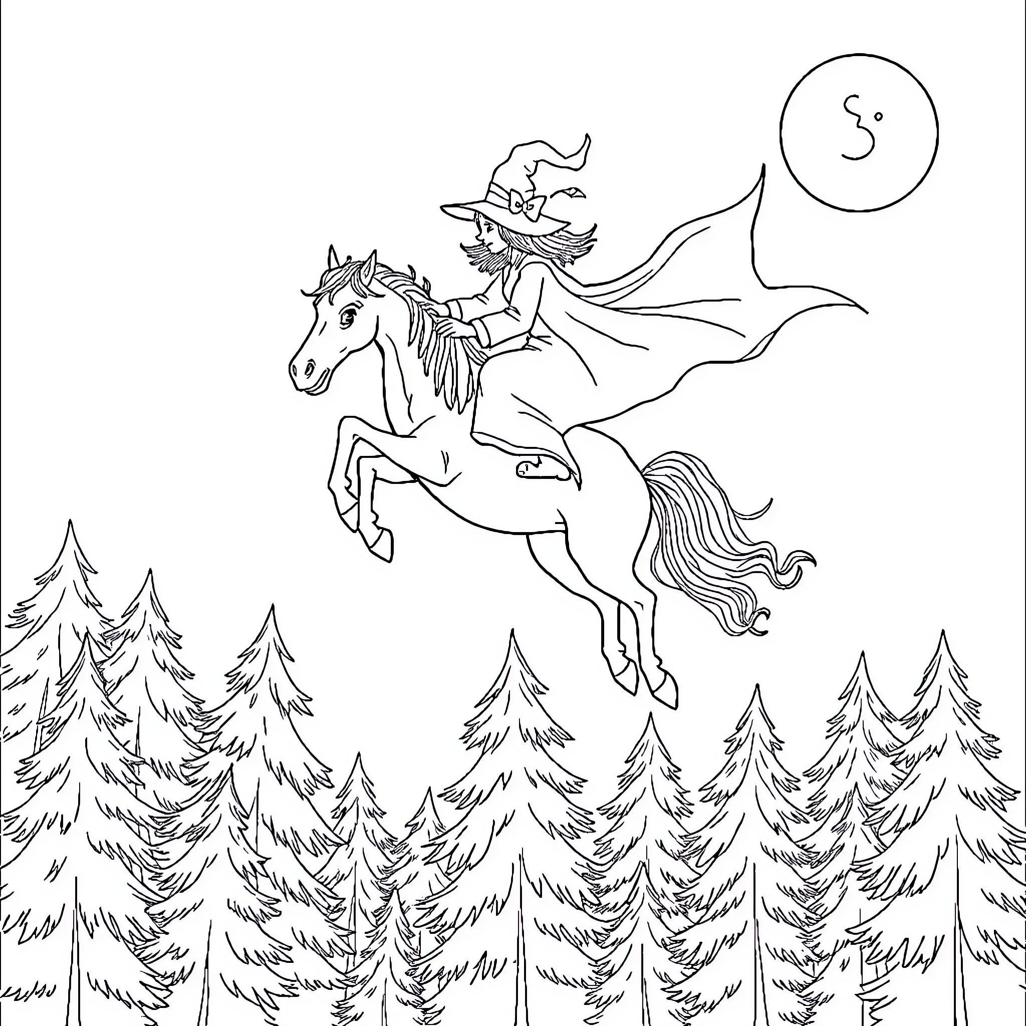Witch flying on a magical horse over a forest Coloring Page (free black-and-white line drawing printable PDF for all, from beginners to advanced learners, including children, teens, adults, and seniors)