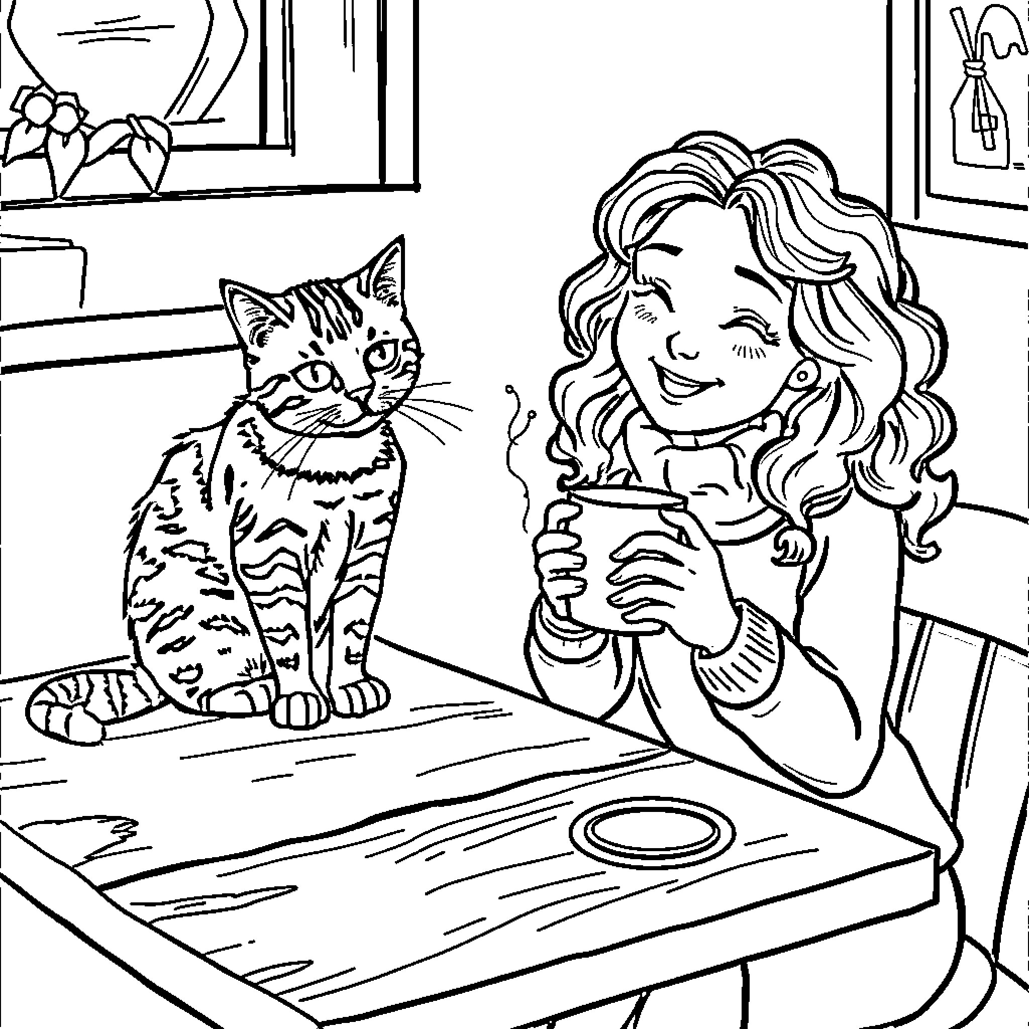 Cat and Woman Enjoying Each Other's Company Coloring Page (free black-and-white line drawing printable PDF for all, from beginners to advanced learners, including children, teens, adults, and seniors)