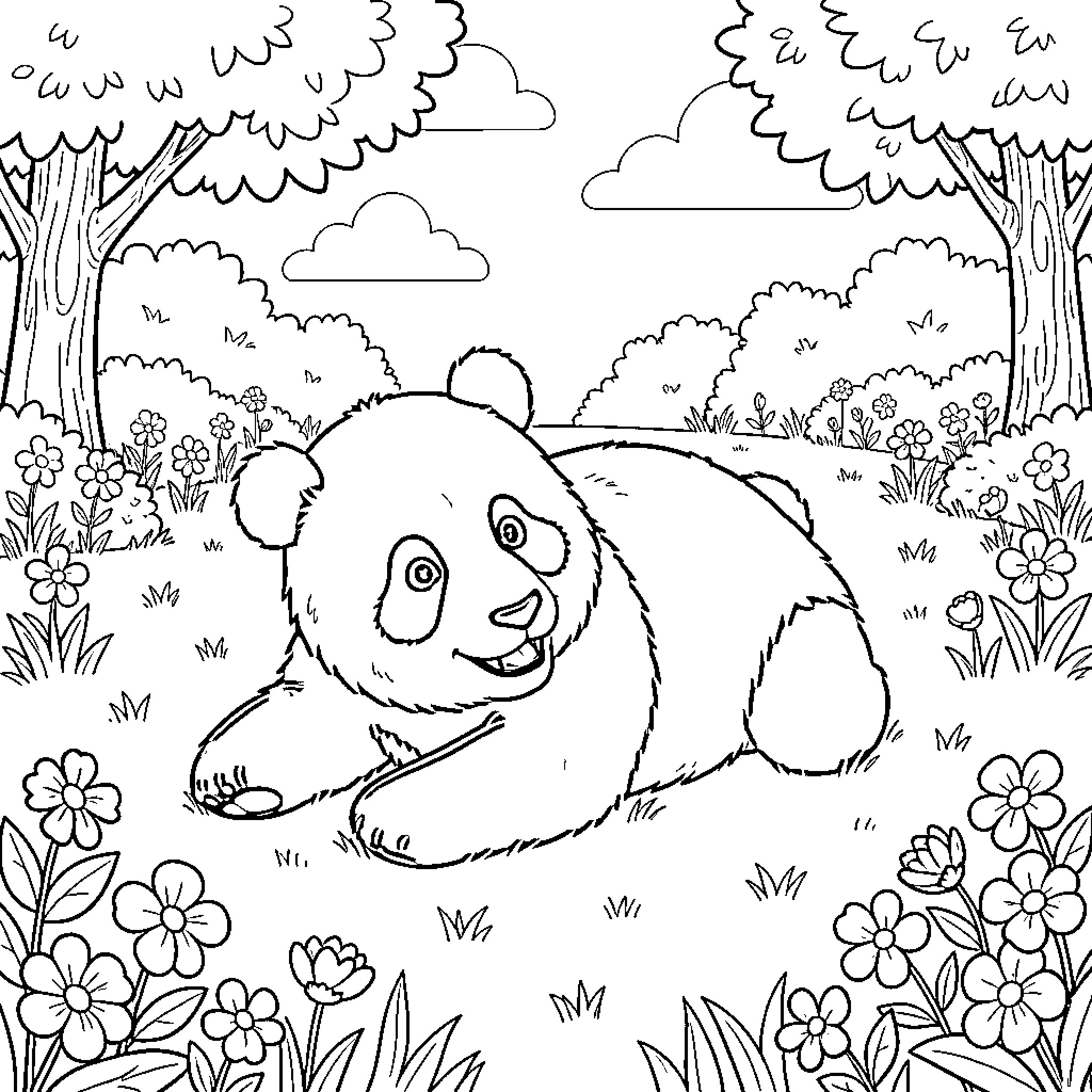 Panda playing happily in a nature scene Coloring Page (free black-and-white line drawing printable PDF for all, from beginners to advanced learners, including children, teens, adults, and seniors)