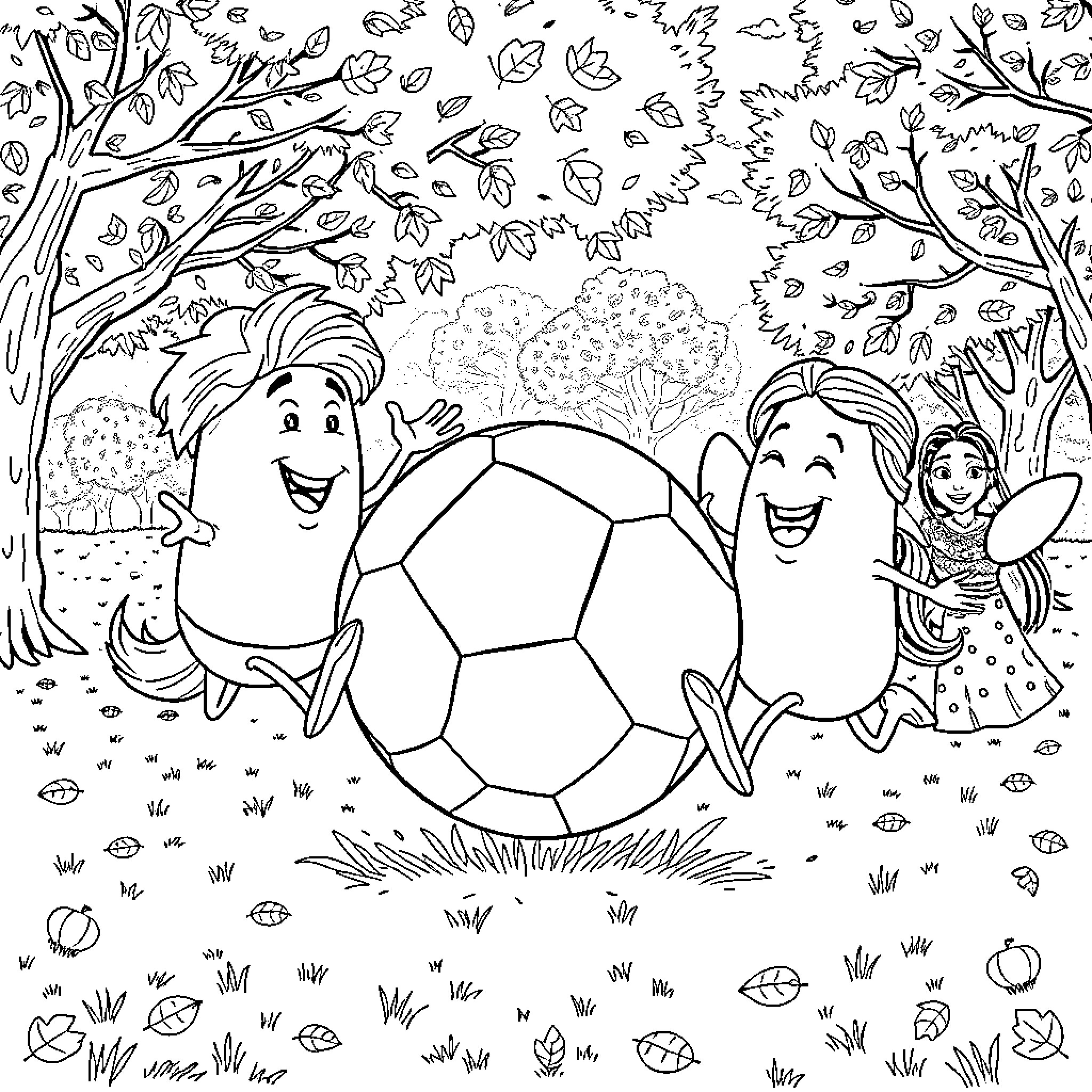 Beaned characters playing joyfully in autumn landscape Coloring Page (free black-and-white line drawing printable PDF for all, from beginners to advanced learners, including children, teens, adults, and seniors)
