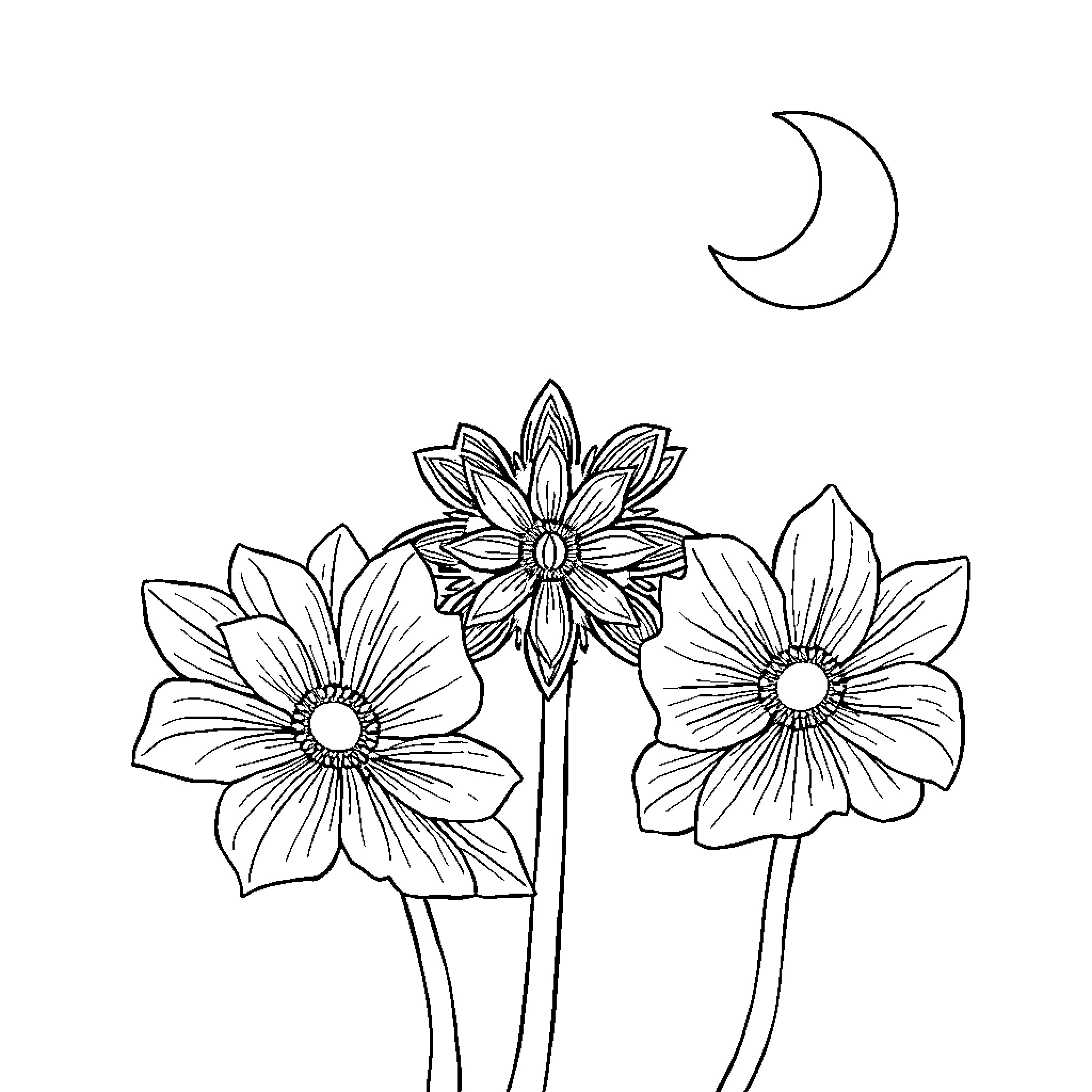 Gold Jewelry Featuring Floral Blooms and Crescent Moon Coloring Page (free black-and-white line drawing printable PDF for all, from beginners to advanced learners, including children, teens, adults, and seniors)