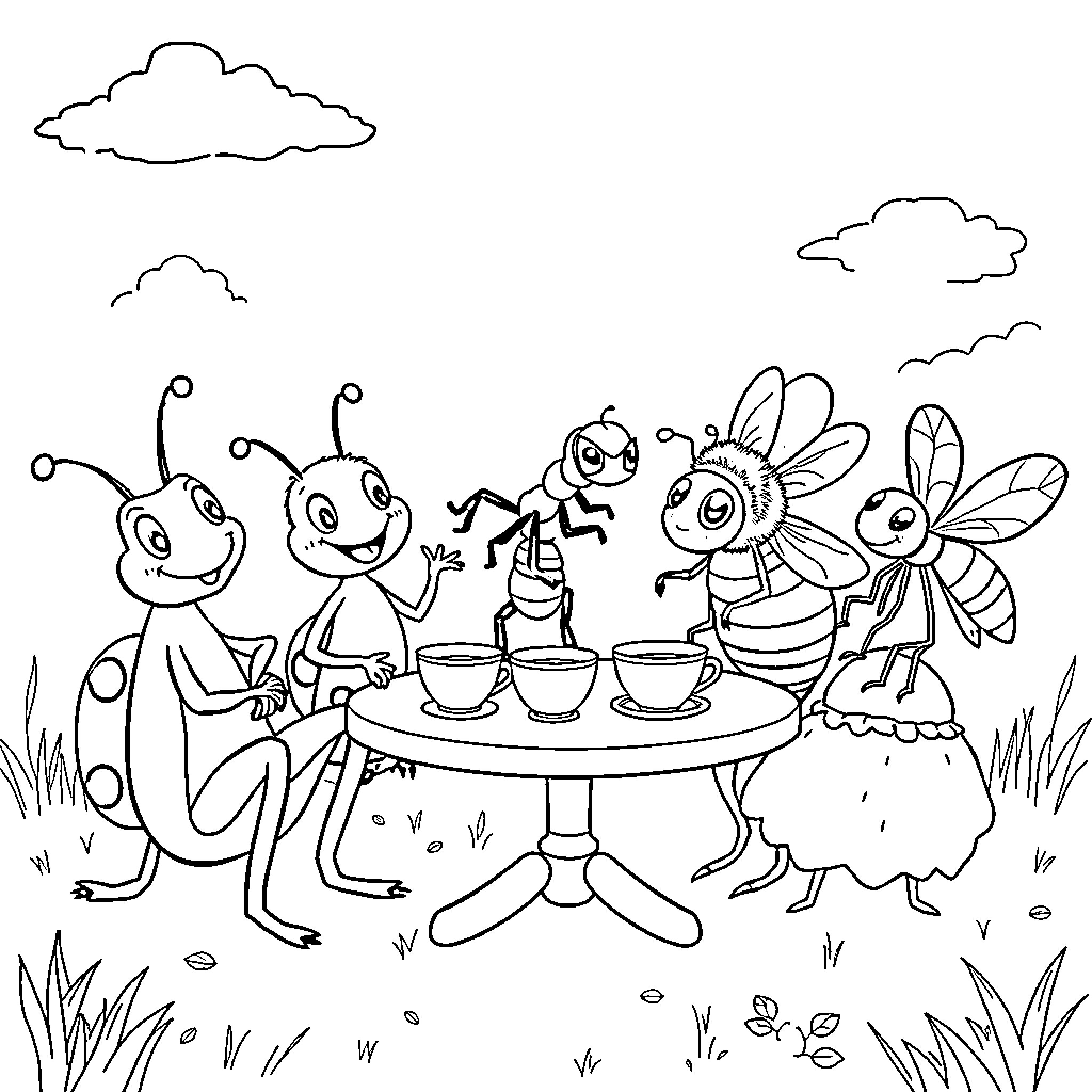 Insects enjoying a picnic in the park Coloring Page (free black-and-white line drawing printable PDF for all, from beginners to advanced learners, including children, teens, adults, and seniors)