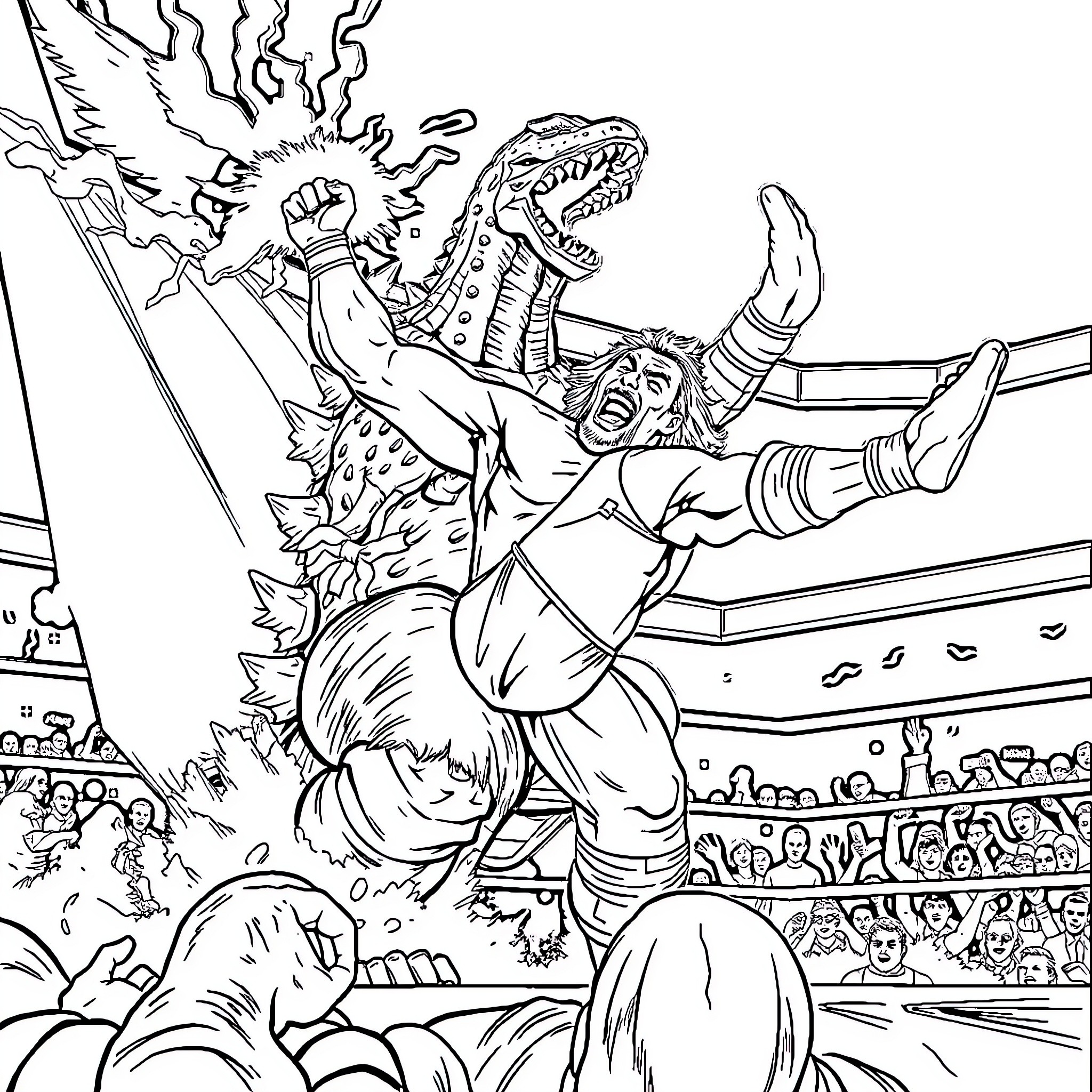 Hulk Hogan battles a ferocious dragon in the ring Coloring Page (free black-and-white line drawing printable PDF for all, from beginners to advanced learners, including children, teens, adults, and seniors)