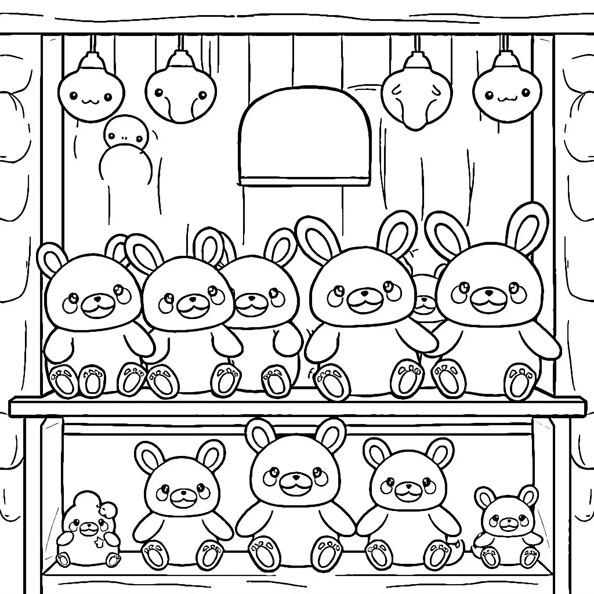 Labubu playing with plush friends in a cozy shop Coloring Page (free black-and-white line drawing printable PDF for all, from beginners to advanced learners, including children, teens, adults, and seniors)