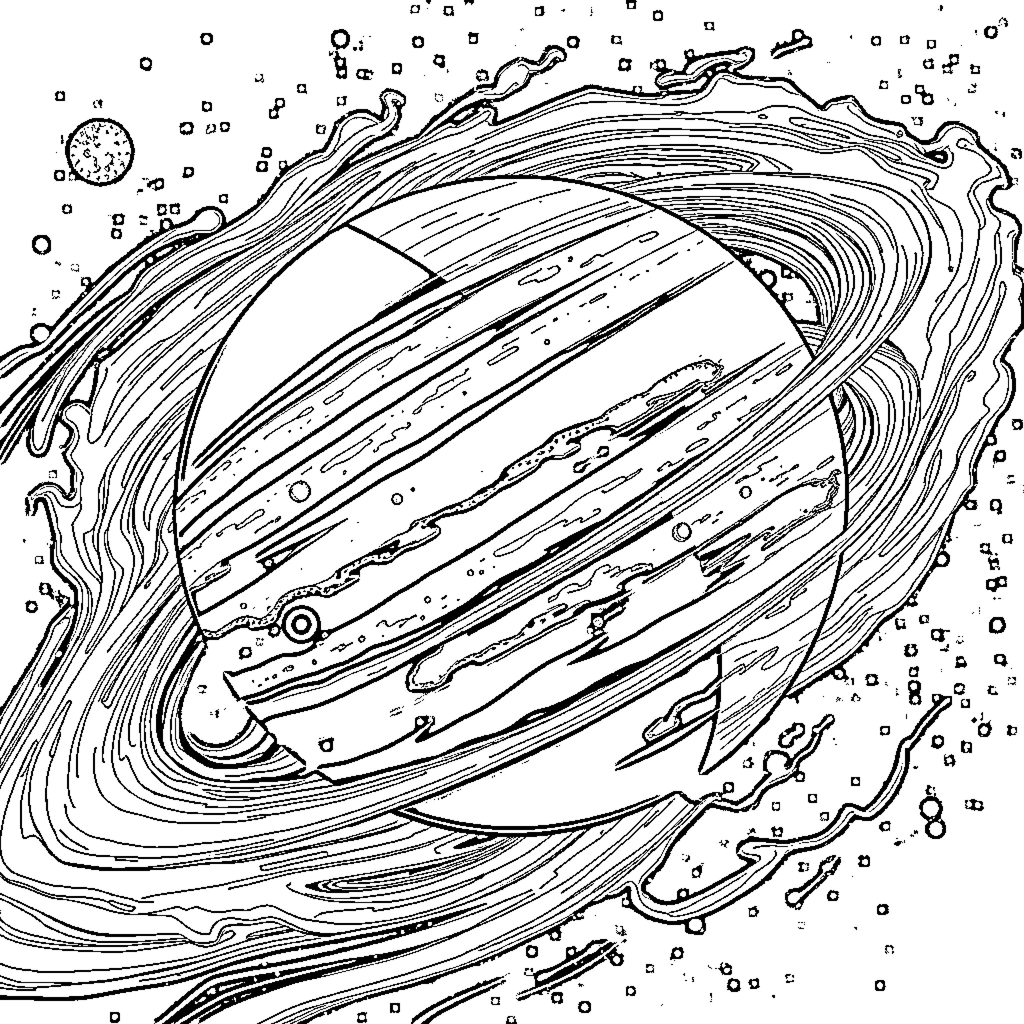 Neptune's Swirling Cosmic Dance Coloring Page (free black-and-white line drawing printable PDF for all, from beginners to advanced learners, including children, teens, adults, and seniors)