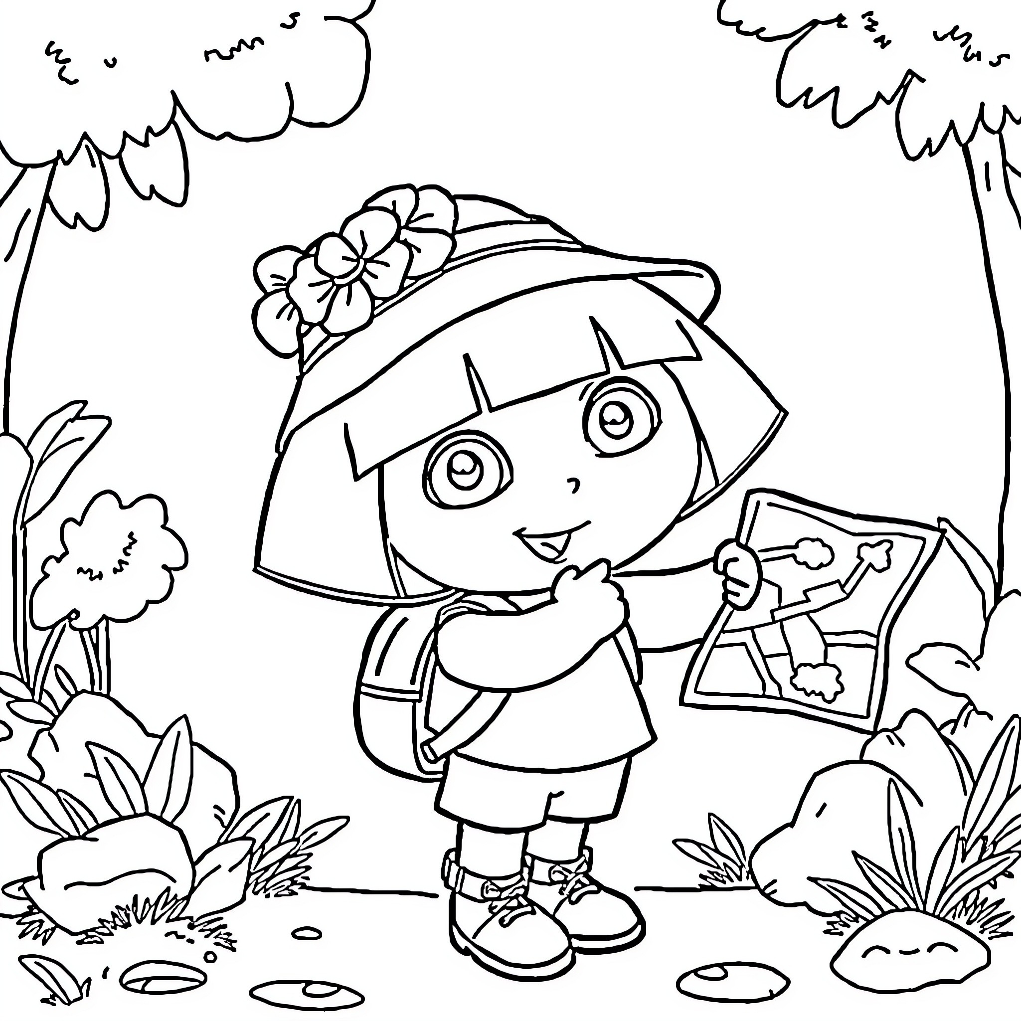 Dora's Adventure in the Outdoor Nature Coloring Page (free black-and-white line drawing printable PDF for all, from beginners to advanced learners, including children, teens, adults, and seniors)