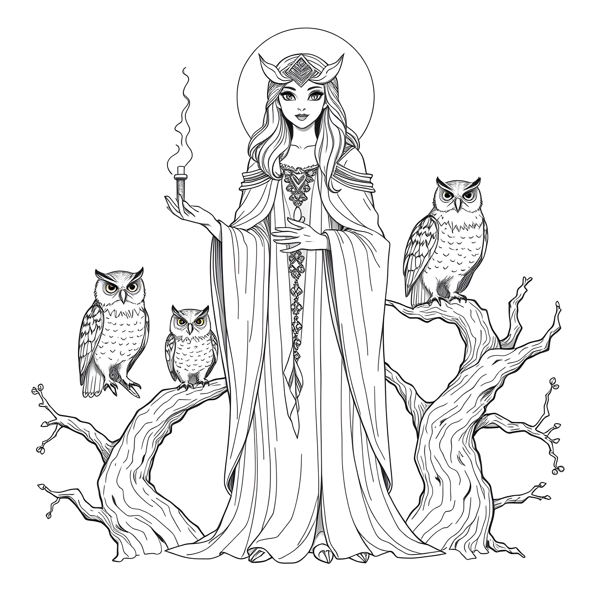 Owl Goddess with Owls in Mystical Forest Coloring Page (free black-and-white line drawing printable PDF for all, from beginners to advanced learners, including children, teens, adults, and seniors)