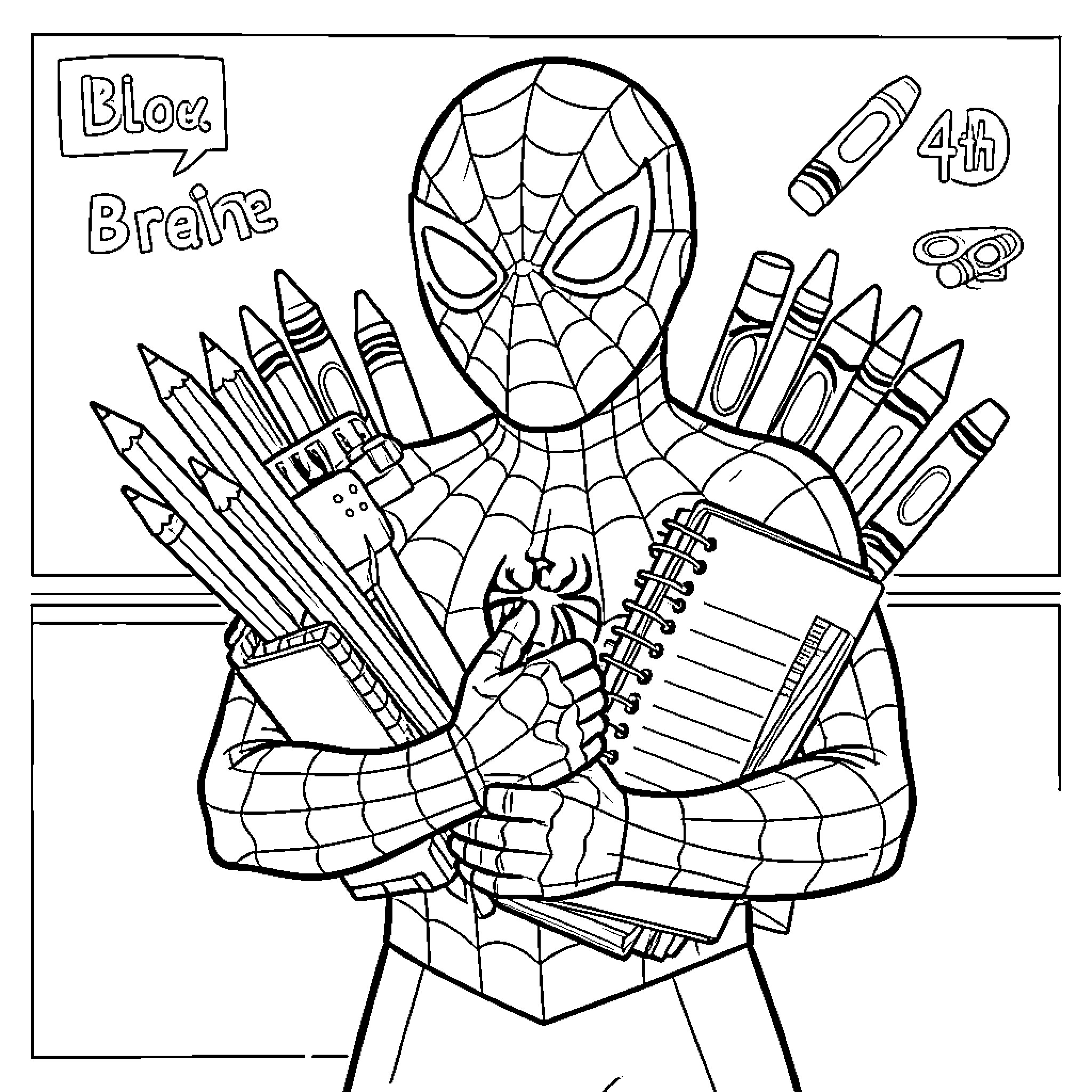 Spiderman's Brain with School Supplies Coloring Page (free black-and-white line drawing printable PDF for all, from beginners to advanced learners, including children, teens, adults, and seniors)