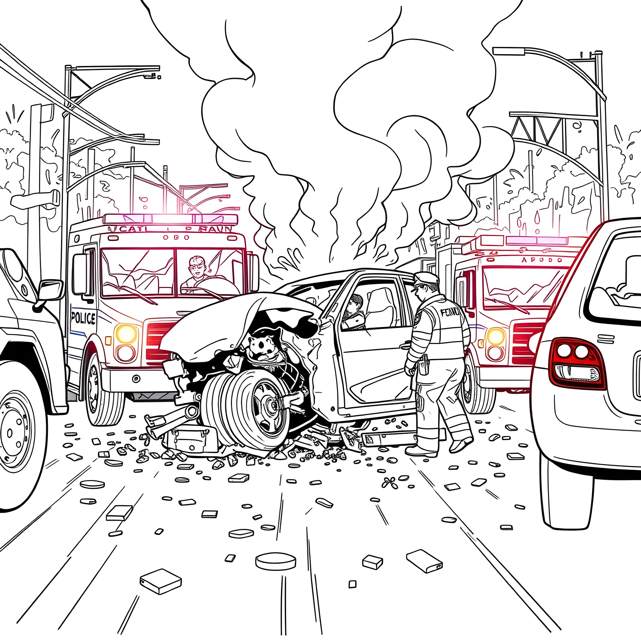 Car Accident on City Street with Emergency Response Coloring Page (free black-and-white line drawing printable PDF for all, from beginners to advanced learners, including children, teens, adults, and seniors)
