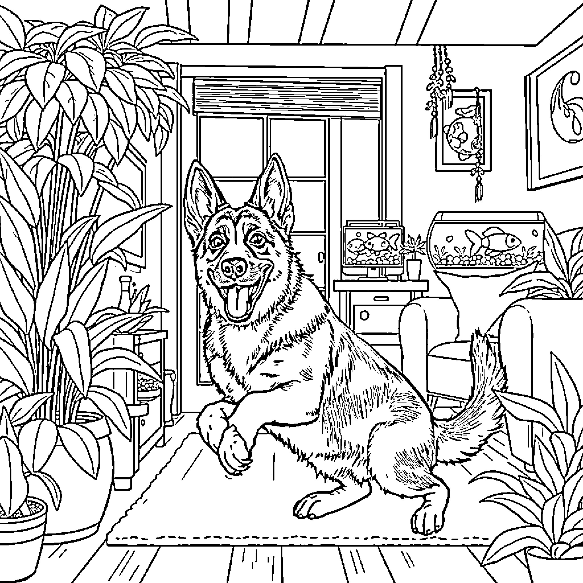 German Shepherd resting in a cozy indoor setting Coloring Page (free black-and-white line drawing printable PDF for all, from beginners to advanced learners, including children, teens, adults, and seniors)