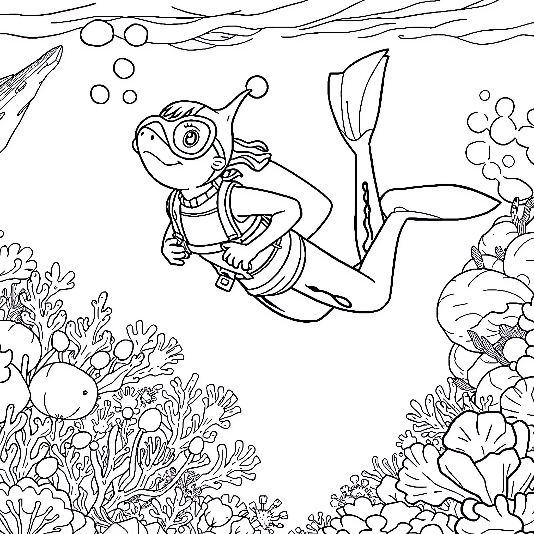 Stella explores the underwater coral reef Coloring Page (free black-and-white line drawing printable PDF for all, from beginners to advanced learners, including children, teens, adults, and seniors)