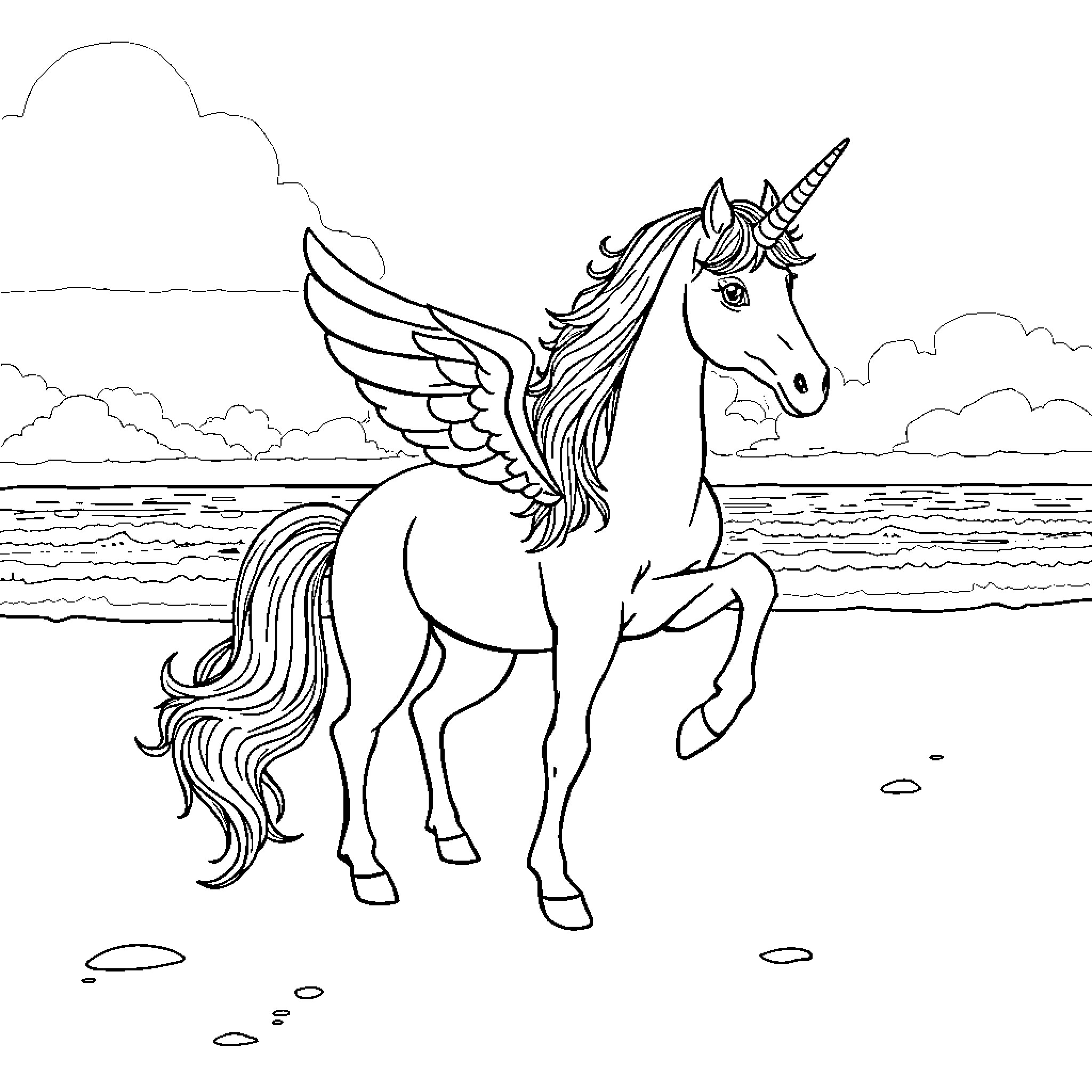 Unicorn soaring gracefully over the sea Coloring Page (free black-and-white line drawing printable PDF for all, from beginners to advanced learners, including children, teens, adults, and seniors)