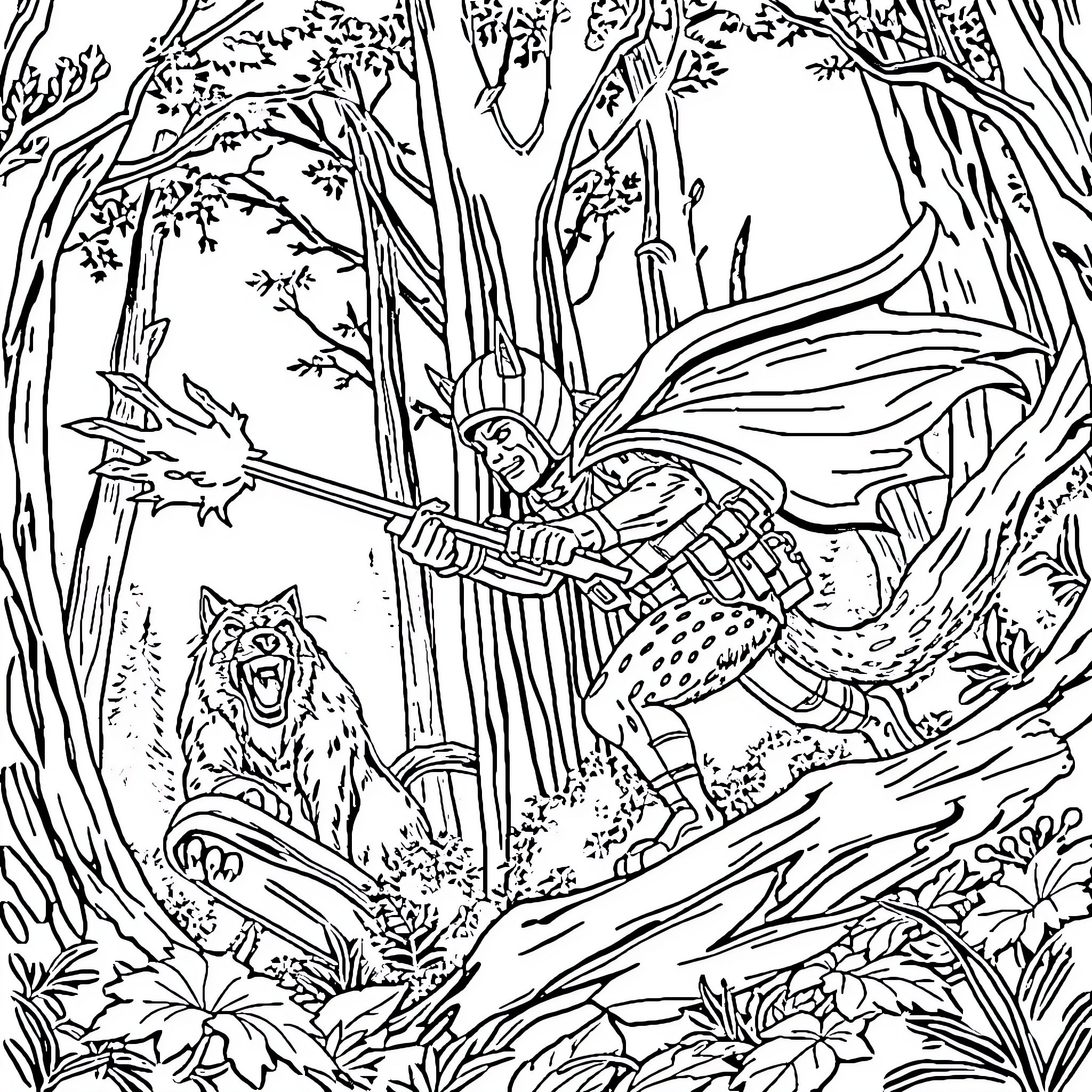 Wolf Warrior Battling with Ferocious Wolf in Enchanted Forest Coloring Page (free black-and-white line drawing printable PDF for all, from beginners to advanced learners, including children, teens, adults, and seniors)