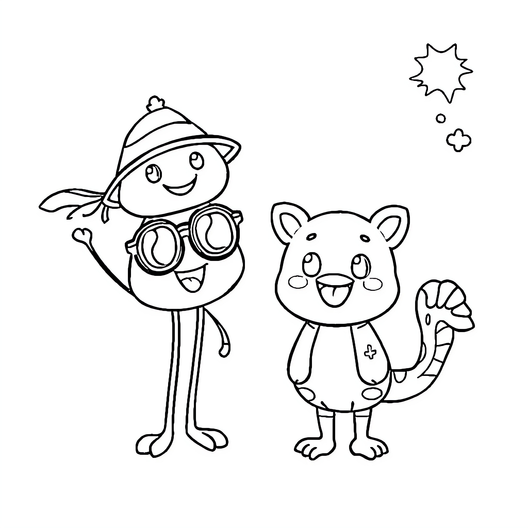 Sticker of two adorable characters waving Coloring Page (free black-and-white line drawing printable PDF for all, from beginners to advanced learners, including children, teens, adults, and seniors)
