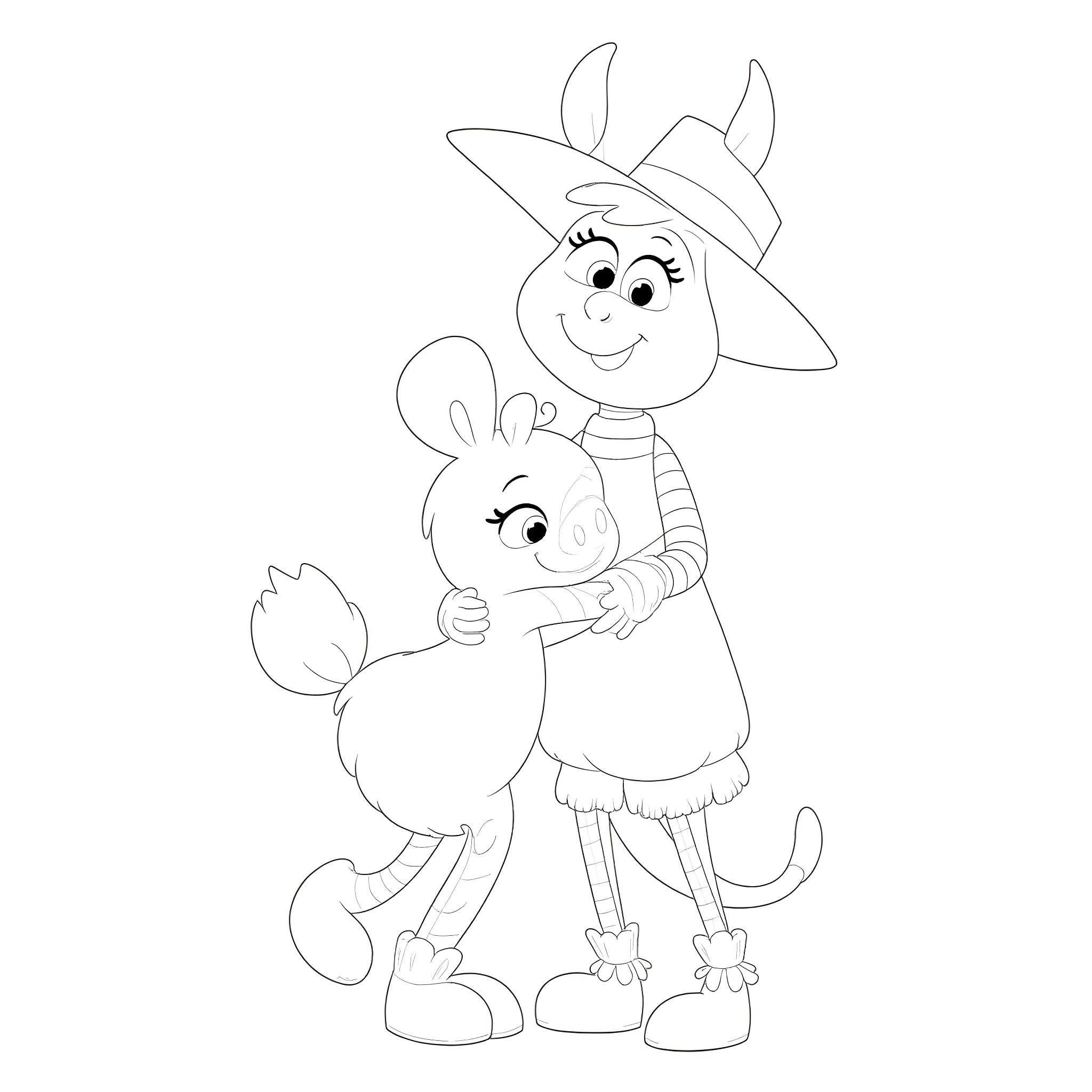 Woody and his cute companion in action Coloring Page (free black-and-white line drawing printable PDF for all, from beginners to advanced learners, including children, teens, adults, and seniors)