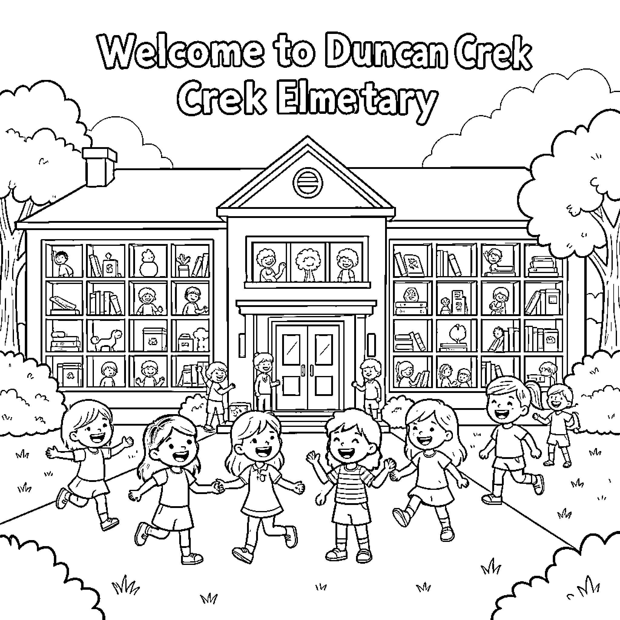 Duncan Creek Elementary School Children Playing Outdoors Coloring Page (free black-and-white line drawing printable PDF for all, from beginners to advanced learners, including children, teens, adults, and seniors)