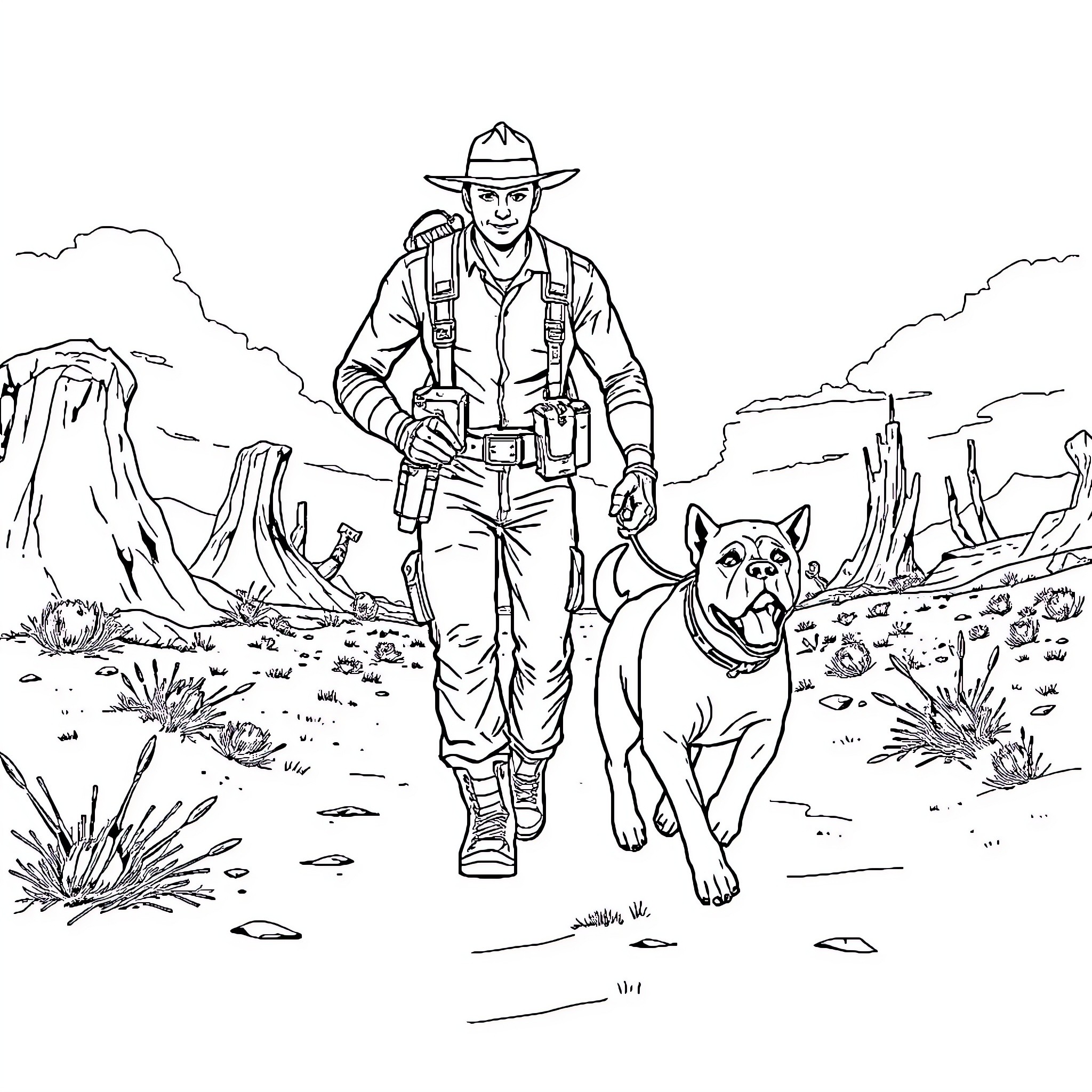 Lone Wanderer Exploring the Desert with Loyal Companion Coloring Page (free black-and-white line drawing printable PDF for all, from beginners to advanced learners, including children, teens, adults, and seniors)