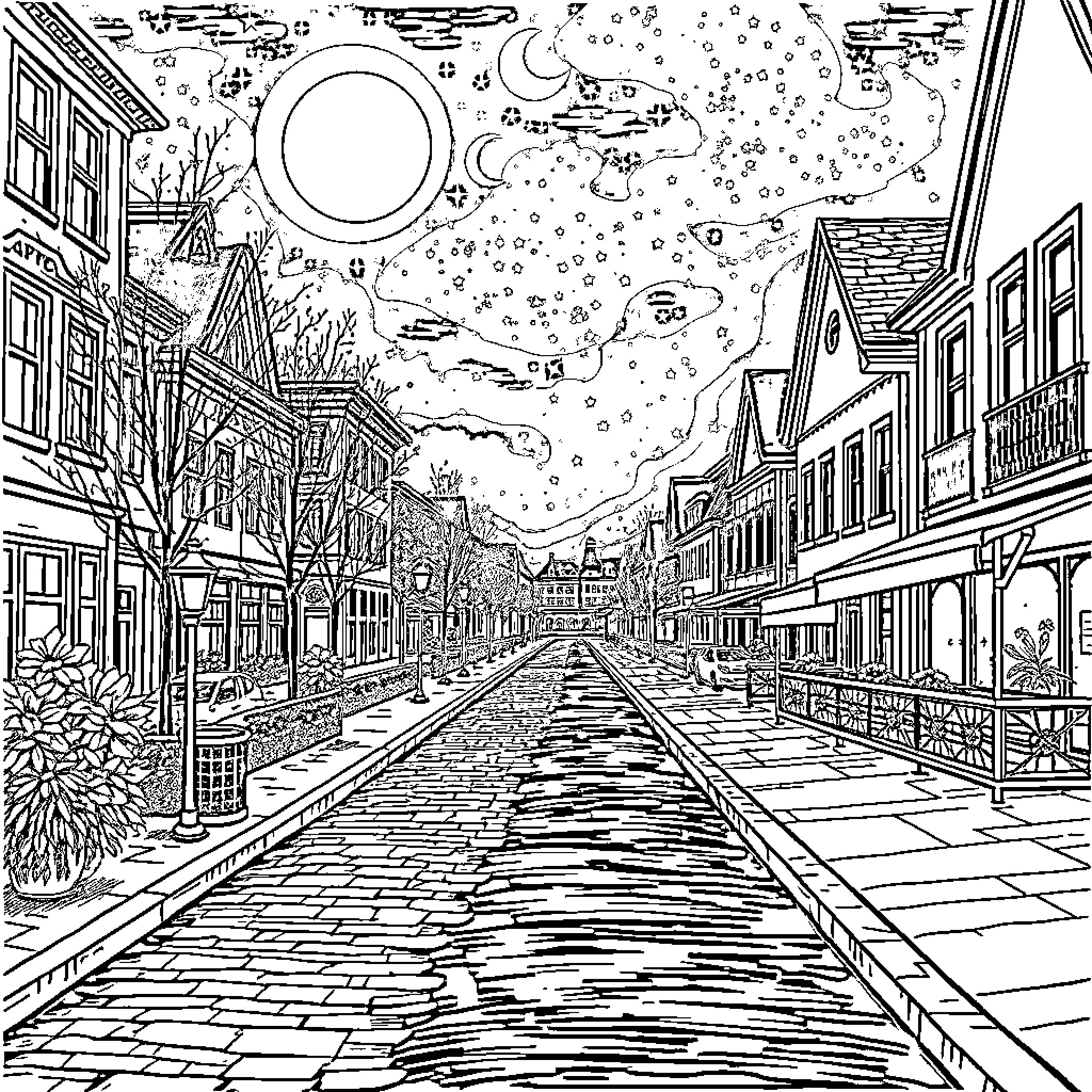 Vangede town - a tranquil night scene Coloring Page (free black-and-white line drawing printable PDF for all, from beginners to advanced learners, including children, teens, adults, and seniors)
