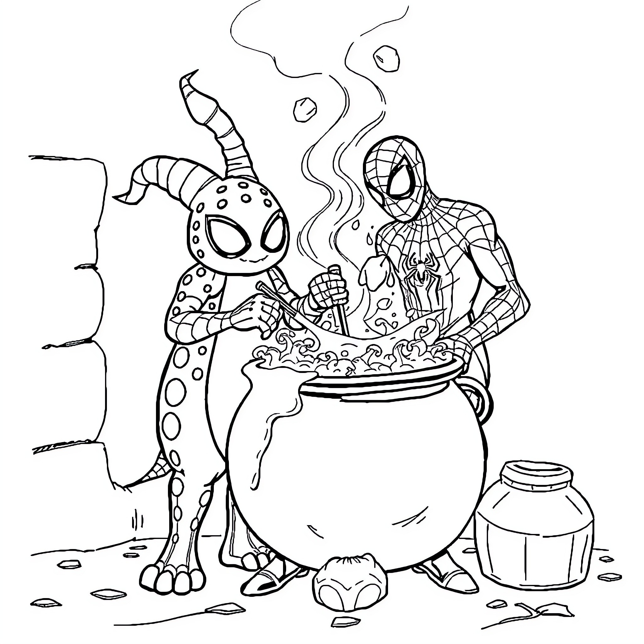 Cornebidouille's Spooky Cauldron Stirring Coloring Page (free black-and-white line drawing printable PDF for all, from beginners to advanced learners, including children, teens, adults, and seniors)
