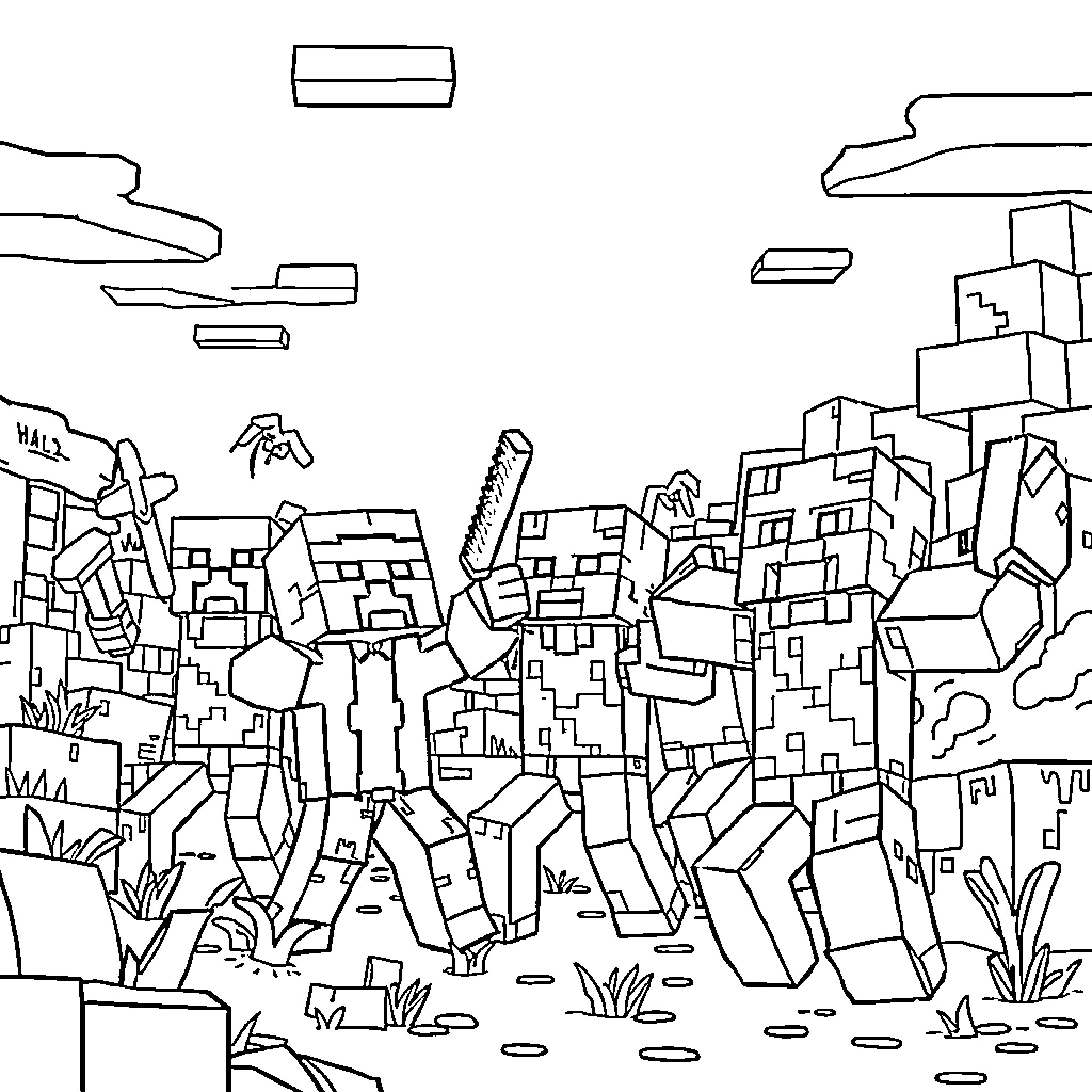 Minecraft Character in Blocky Urban Landscape Coloring Page (free black-and-white line drawing printable PDF for all, from beginners to advanced learners, including children, teens, adults, and seniors)