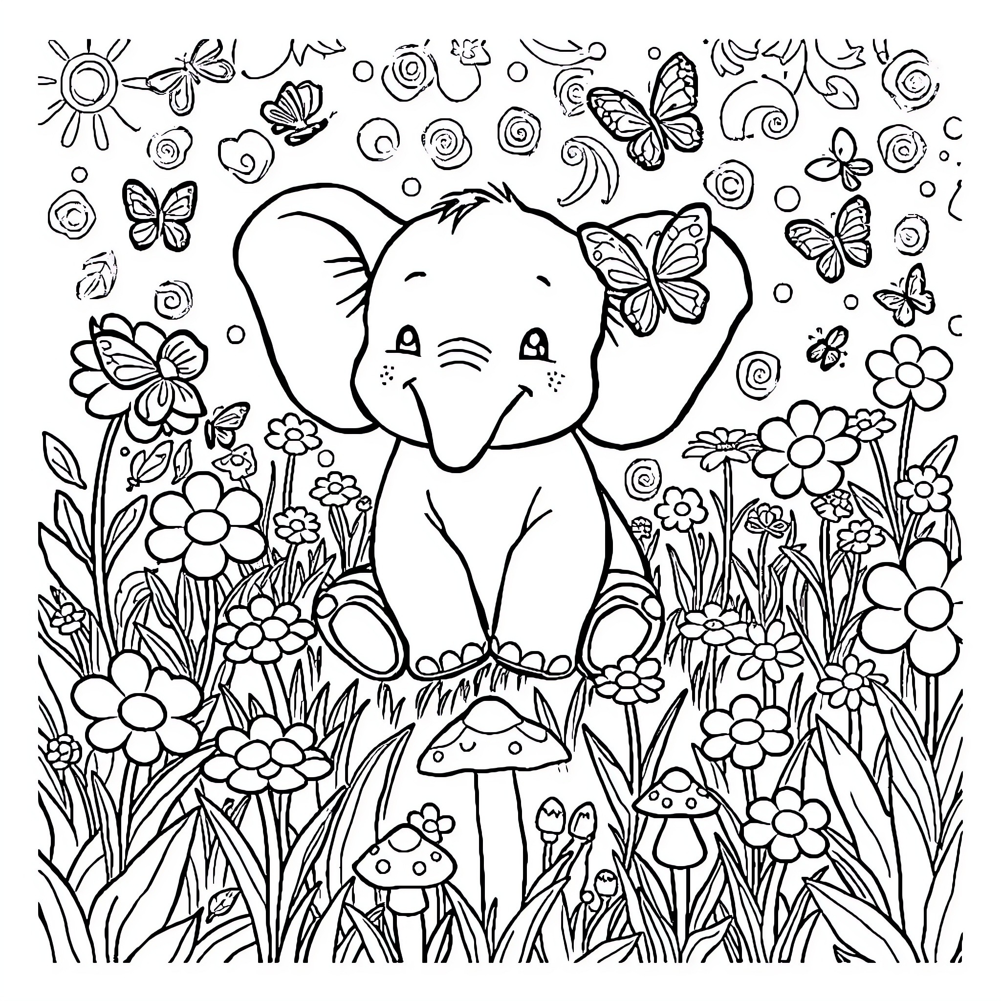 Elephant amidst lush nature with butterflies Coloring Page (free black-and-white line drawing printable PDF for all, from beginners to advanced learners, including children, teens, adults, and seniors)