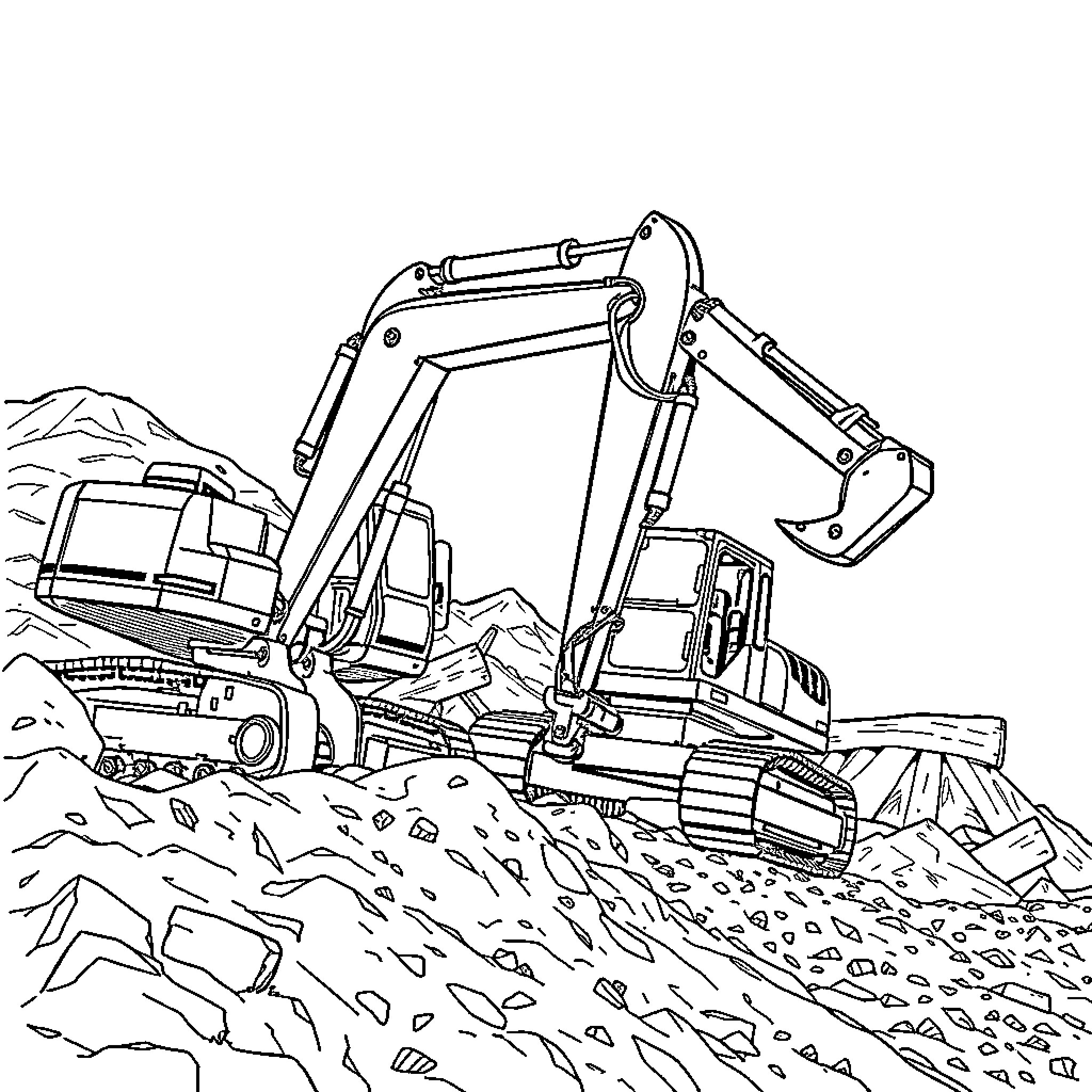 Excavator moving debris on rocky construction site Coloring Page (free black-and-white line drawing printable PDF for all, from beginners to advanced learners, including children, teens, adults, and seniors)