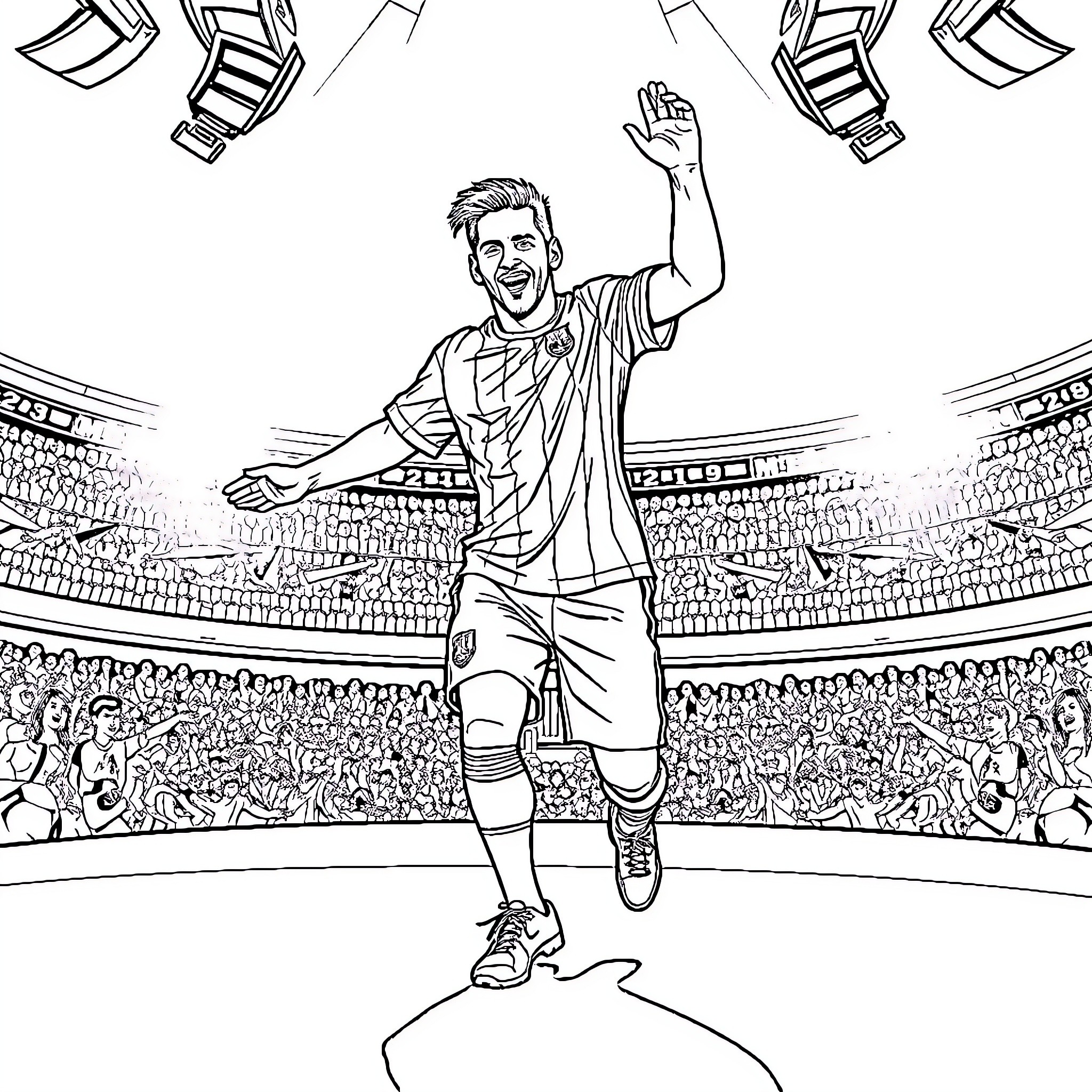 Messi celebrating victory on the field Coloring Page (free black-and-white line drawing printable PDF for all, from beginners to advanced learners, including children, teens, adults, and seniors)