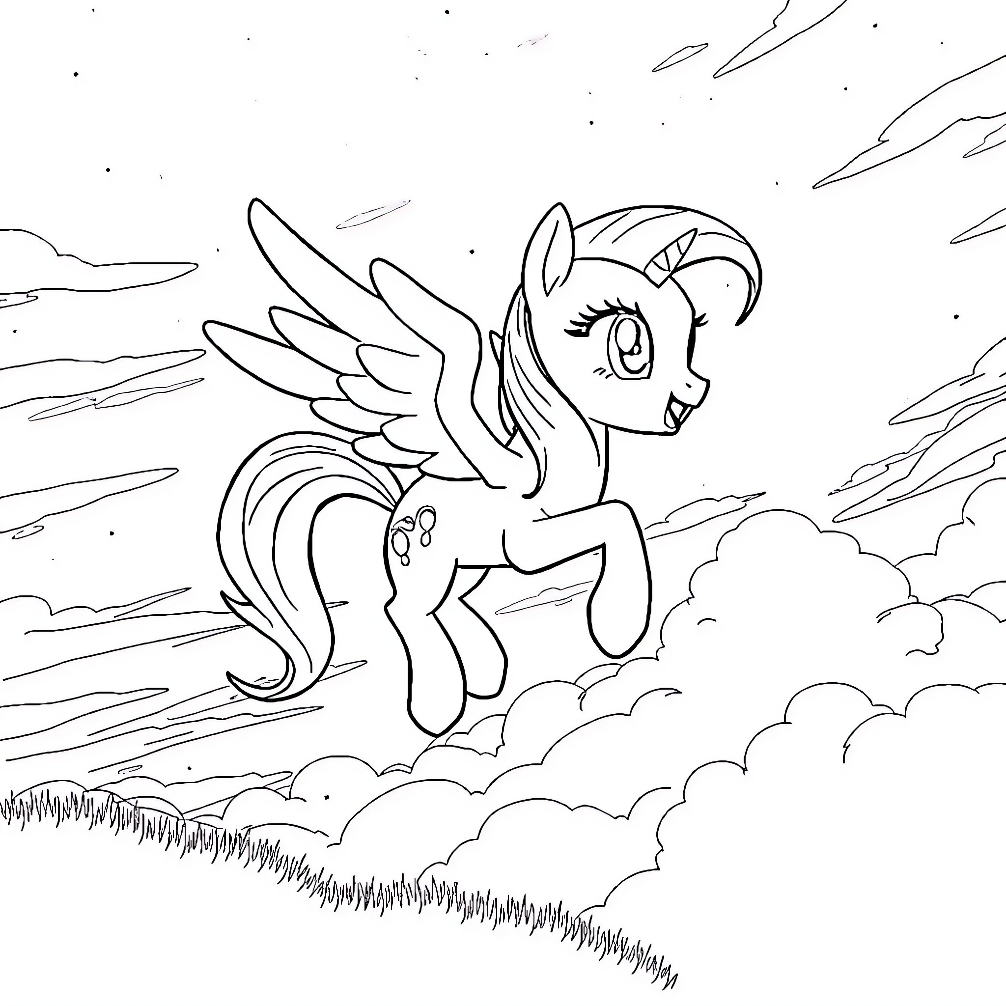 Twilight Sparkle soars through the clouds Coloring Page (free black-and-white line drawing printable PDF for all, from beginners to advanced learners, including children, teens, adults, and seniors)
