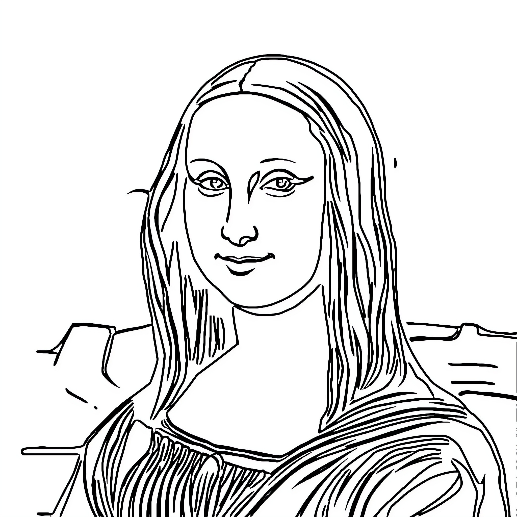 Mona Lisa - Portrait of a Pensive Figure Coloring Page (free black-and-white line drawing printable PDF for all, from beginners to advanced learners, including children, teens, adults, and seniors)
