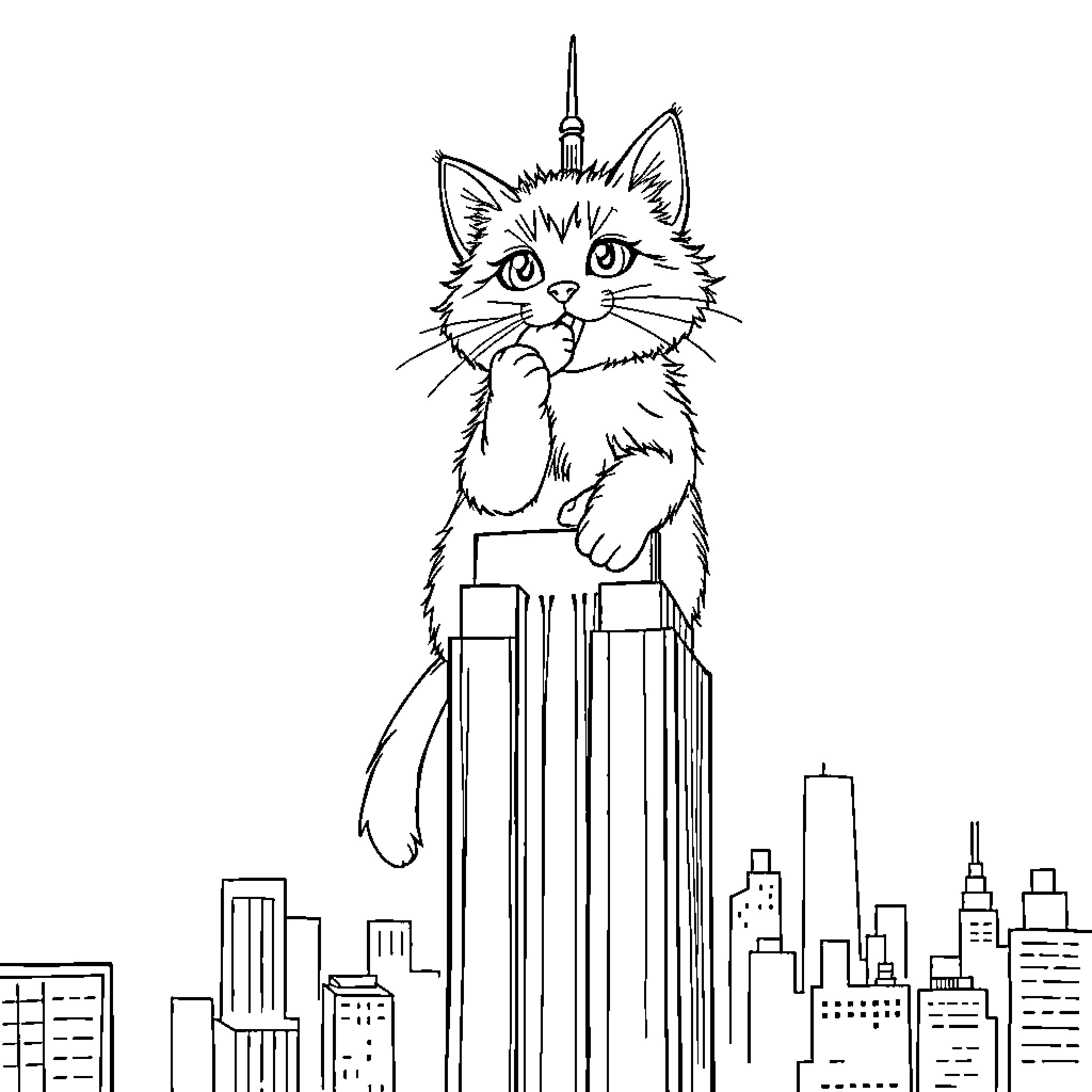 Cat exploring the city skyline Coloring Page (free black-and-white line drawing printable PDF for all, from beginners to advanced learners, including children, teens, adults, and seniors)