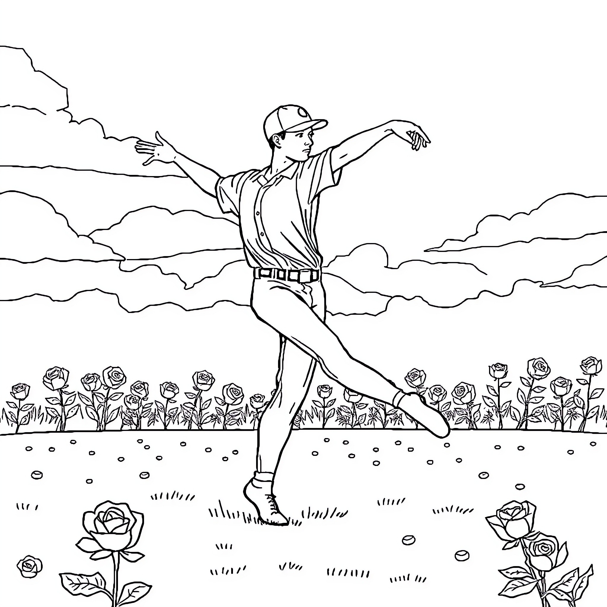 Baseball Player Throwing the Ball in a Field of Roses Coloring Page (free black-and-white line drawing printable PDF for all, from beginners to advanced learners, including children, teens, adults, and seniors)