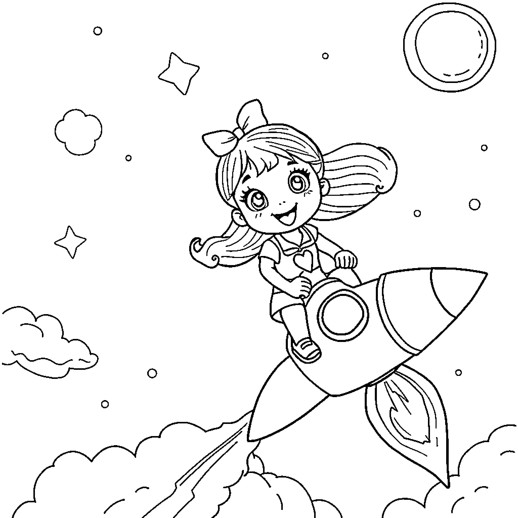 Gabby Dollhouse: Girl Riding Rocket in Outer Space Coloring Page (free black-and-white line drawing printable PDF for all, from beginners to advanced learners, including children, teens, adults, and seniors)