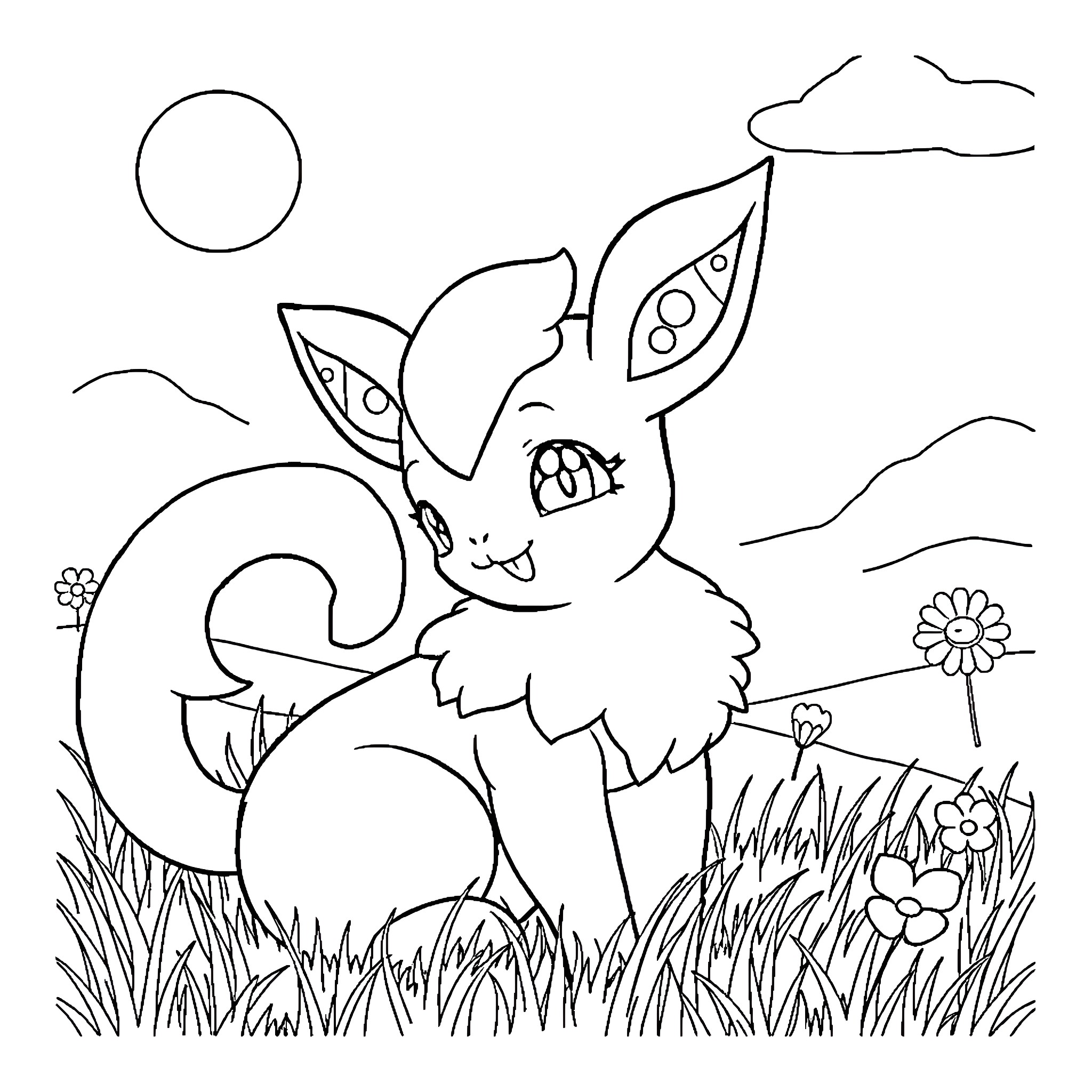 Espeon enjoying the outdoors in a grassy meadow Coloring Page (free black-and-white line drawing printable PDF for all, from beginners to advanced learners, including children, teens, adults, and seniors)