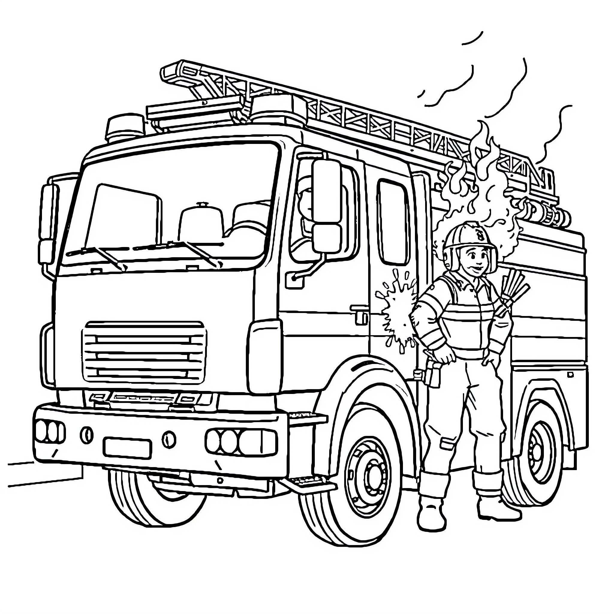 Firefighter responding to an emergency with fire truck Coloring Page (free black-and-white line drawing printable PDF for all, from beginners to advanced learners, including children, teens, adults, and seniors)