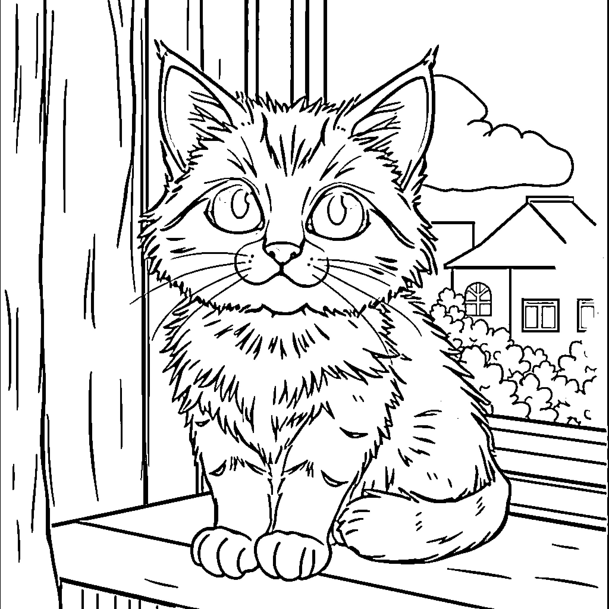 Gato exploring the scenic landscape Coloring Page (free black-and-white line drawing printable PDF for all, from beginners to advanced learners, including children, teens, adults, and seniors)