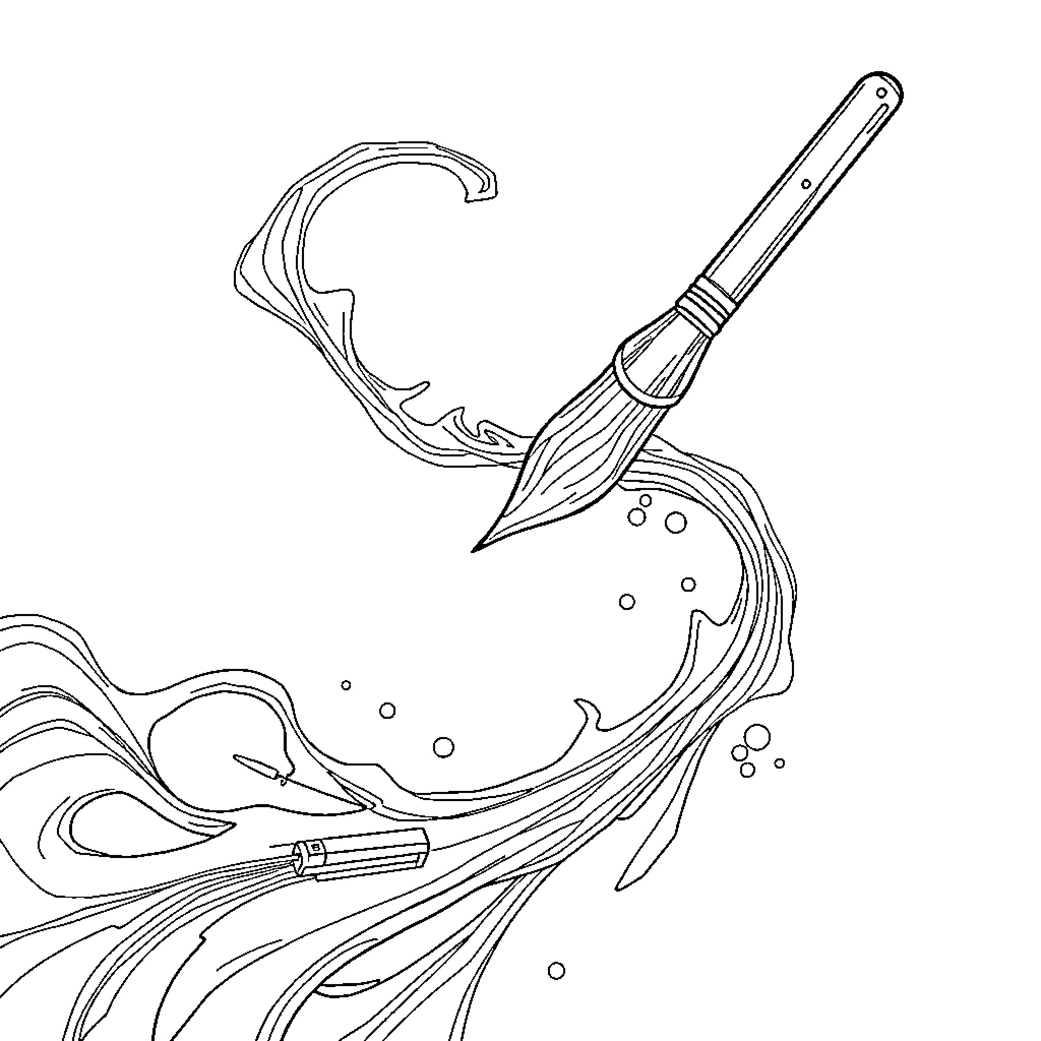 Paintbrush Dancing with Fluid Movements Coloring Page (free black-and-white line drawing printable PDF for all, from beginners to advanced learners, including children, teens, adults, and seniors)