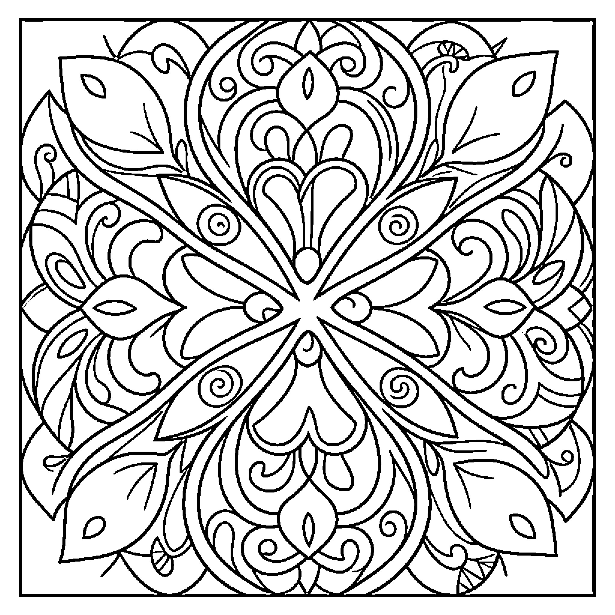 Artistic Image of an intricate floral mandala pattern Coloring Page (free black-and-white line drawing printable PDF for all, from beginners to advanced learners, including children, teens, adults, and seniors)