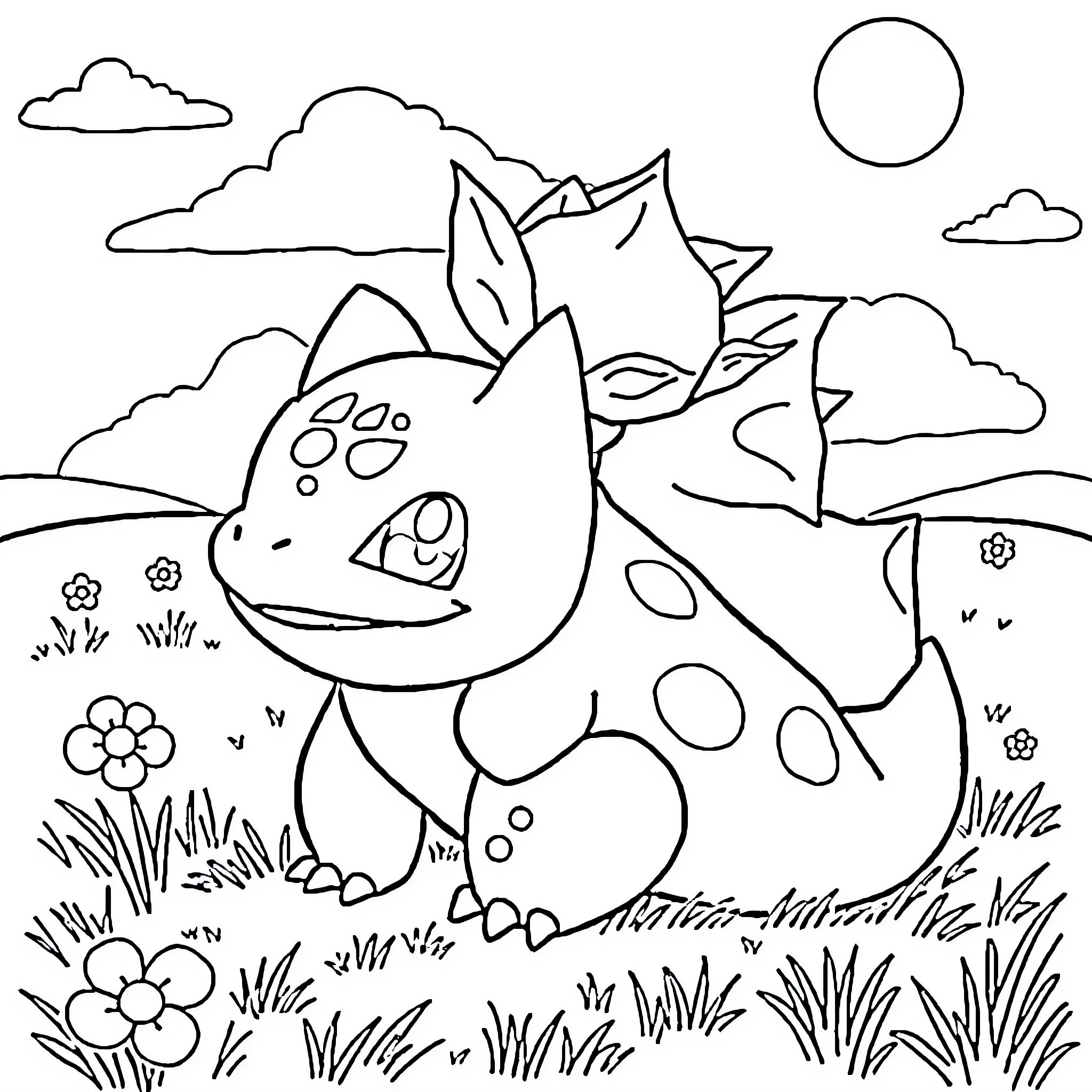 Bulbasaur playing in a natural landscape Coloring Page (free black-and-white line drawing printable PDF for all, from beginners to advanced learners, including children, teens, adults, and seniors)