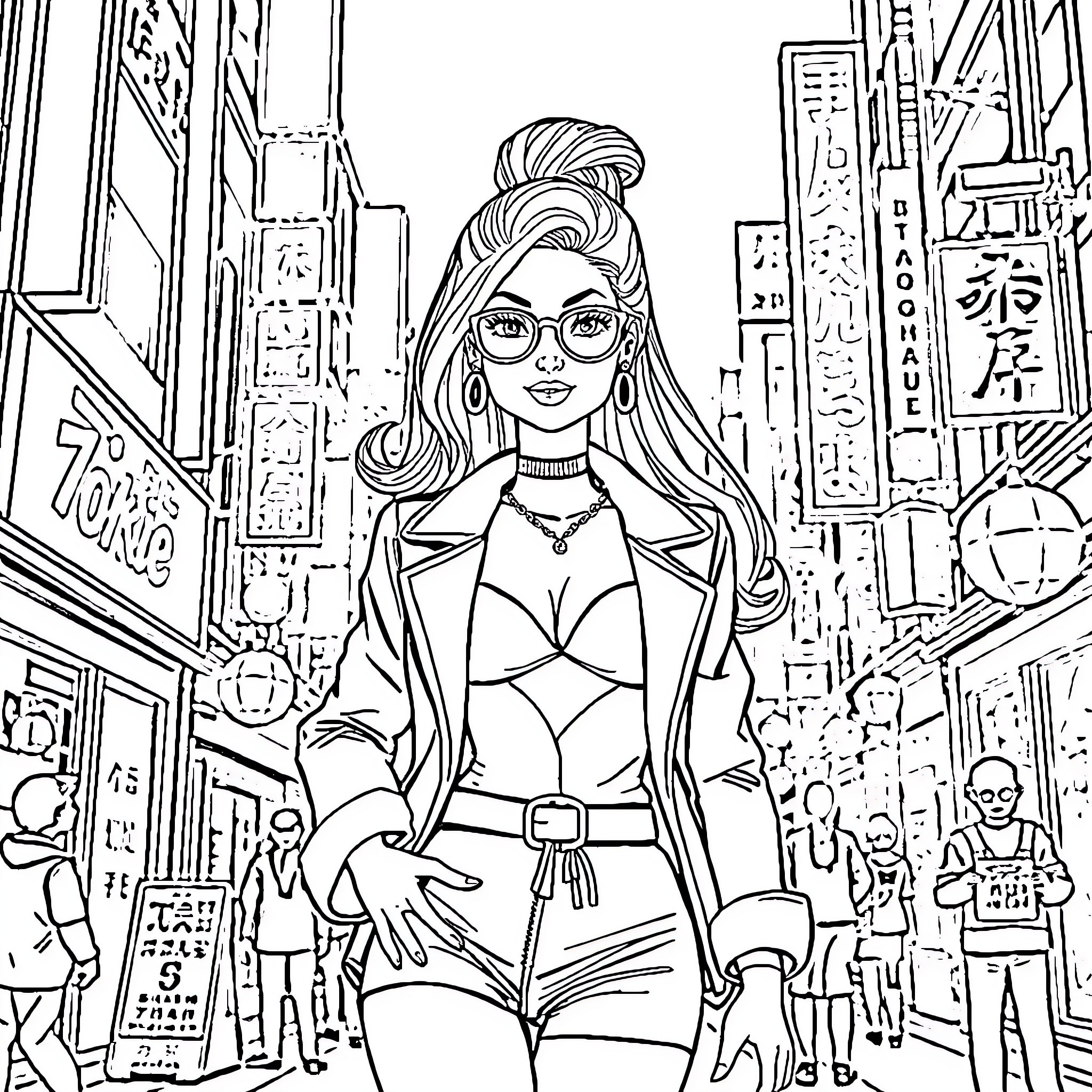 Barbie exploring the vibrant city in stylish outfit Coloring Page (free black-and-white line drawing printable PDF for all, from beginners to advanced learners, including children, teens, adults, and seniors)
