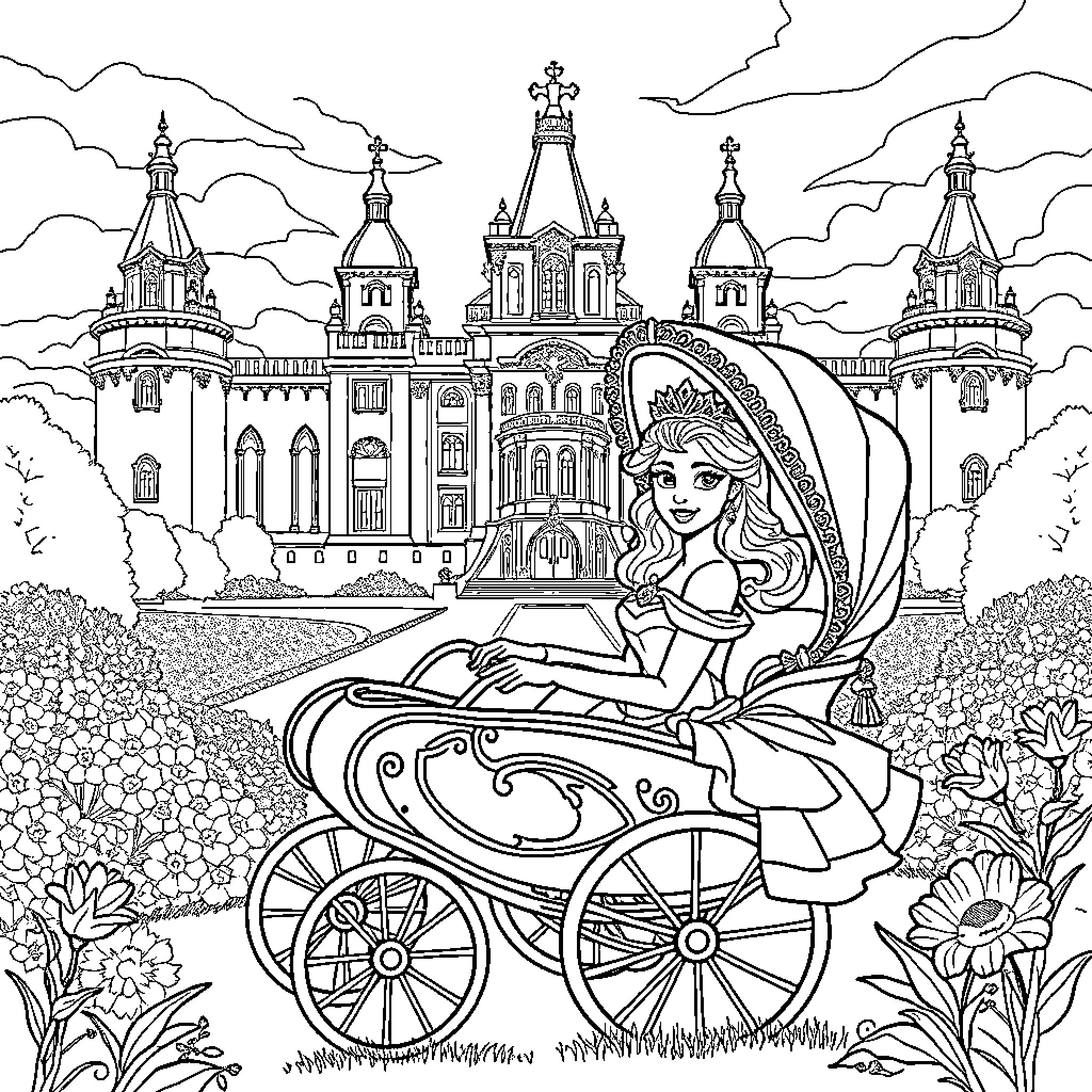 Princess in a Carriage with a Majestic Castle Coloring Page (free black-and-white line drawing printable PDF for all, from beginners to advanced learners, including children, teens, adults, and seniors)