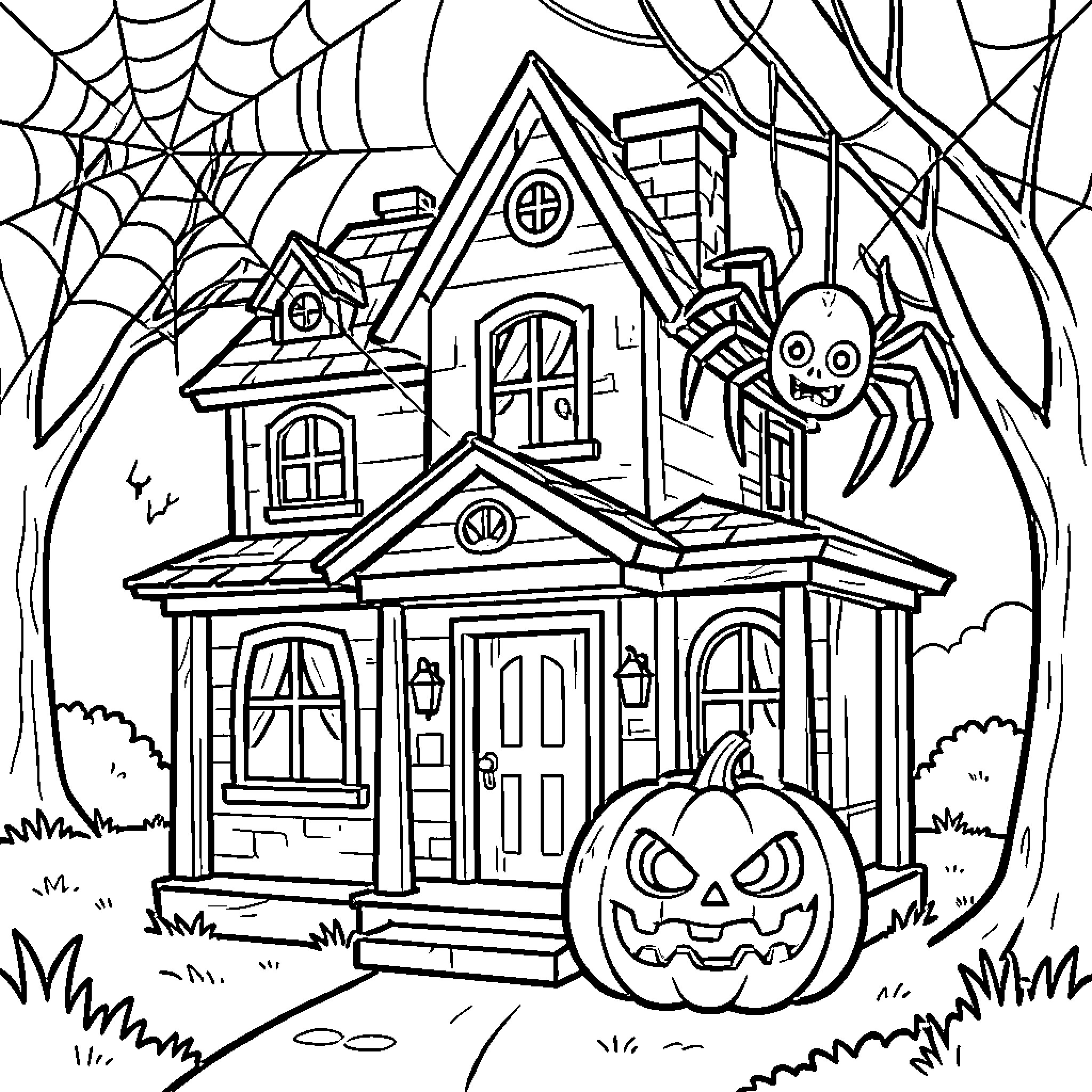 Haunted House with spooky spider and carved pumpkin Coloring Page (free black-and-white line drawing printable PDF for all, from beginners to advanced learners, including children, teens, adults, and seniors)