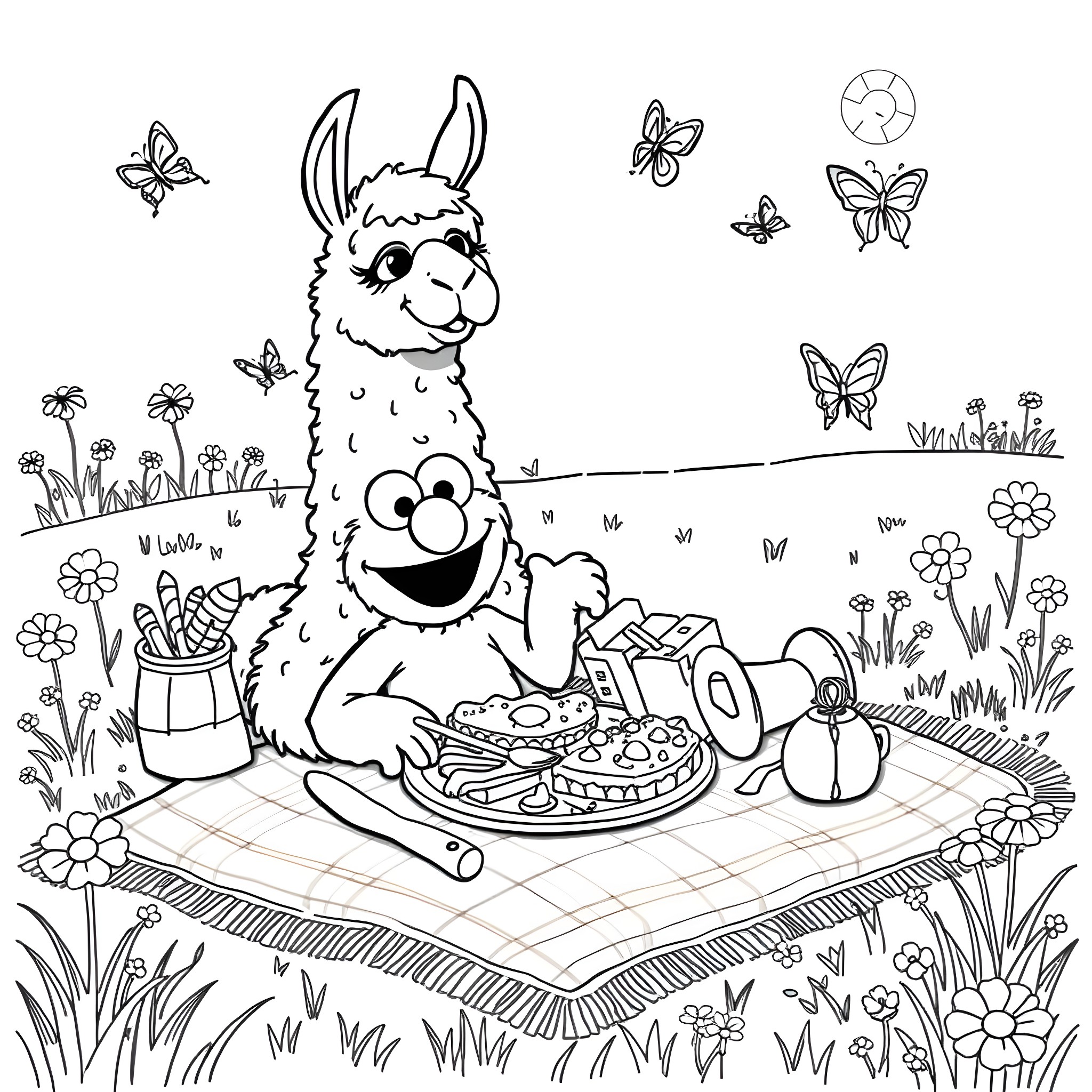 Llama having a picnic in the meadow Coloring Page (free black-and-white line drawing printable PDF for all, from beginners to advanced learners, including children, teens, adults, and seniors)
