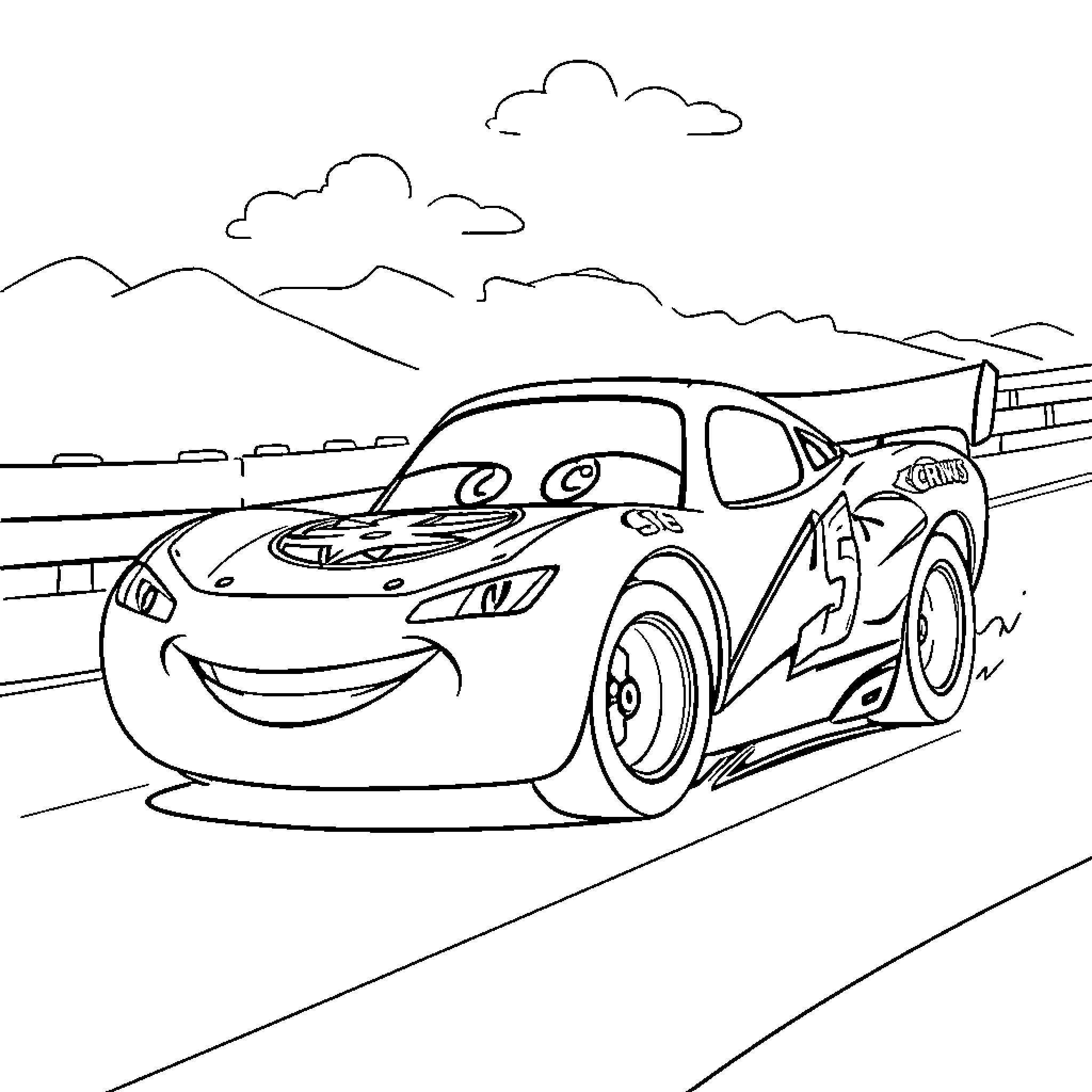 Flash McQueen racing on the track Coloring Page (free black-and-white line drawing printable PDF for all, from beginners to advanced learners, including children, teens, adults, and seniors)