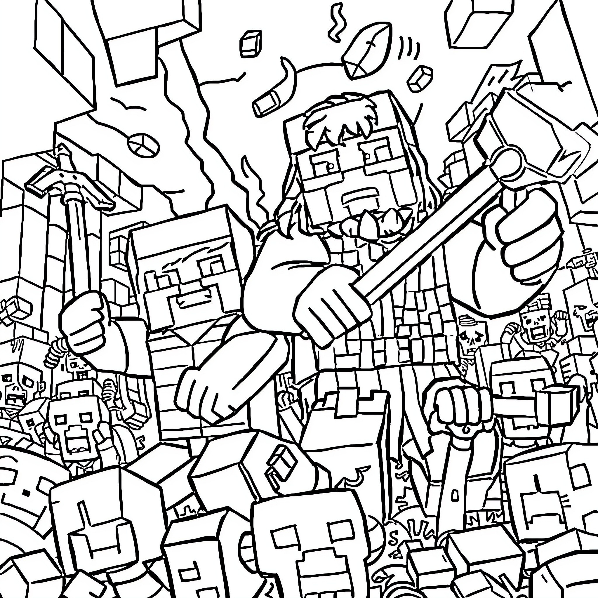 Jack Black cartoon character in epic battle scene Coloring Page (free black-and-white line drawing printable PDF for all, from beginners to advanced learners, including children, teens, adults, and seniors)