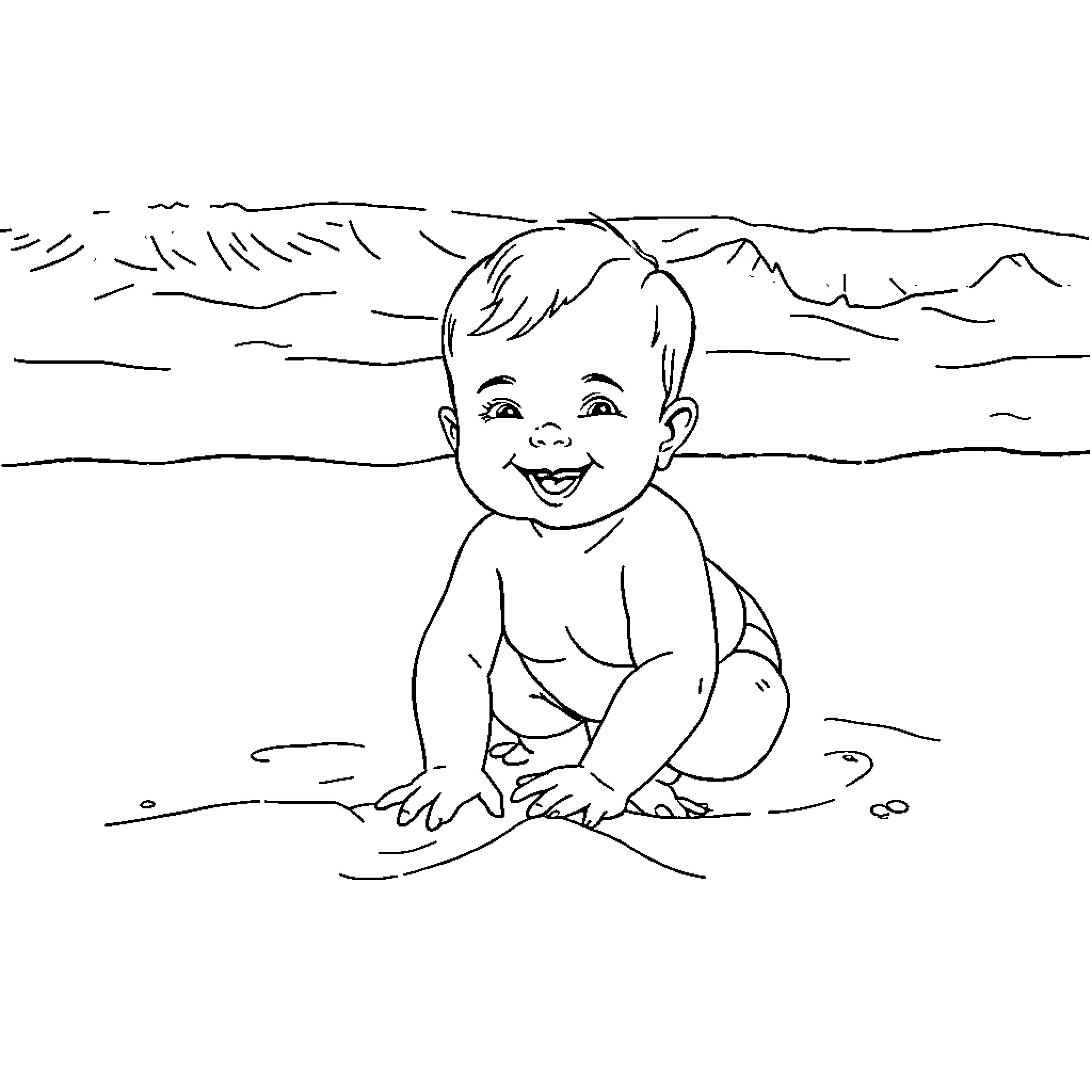 Baby playing joyfully in the sand Coloring Page (free black-and-white line drawing printable PDF for all, from beginners to advanced learners, including children, teens, adults, and seniors)